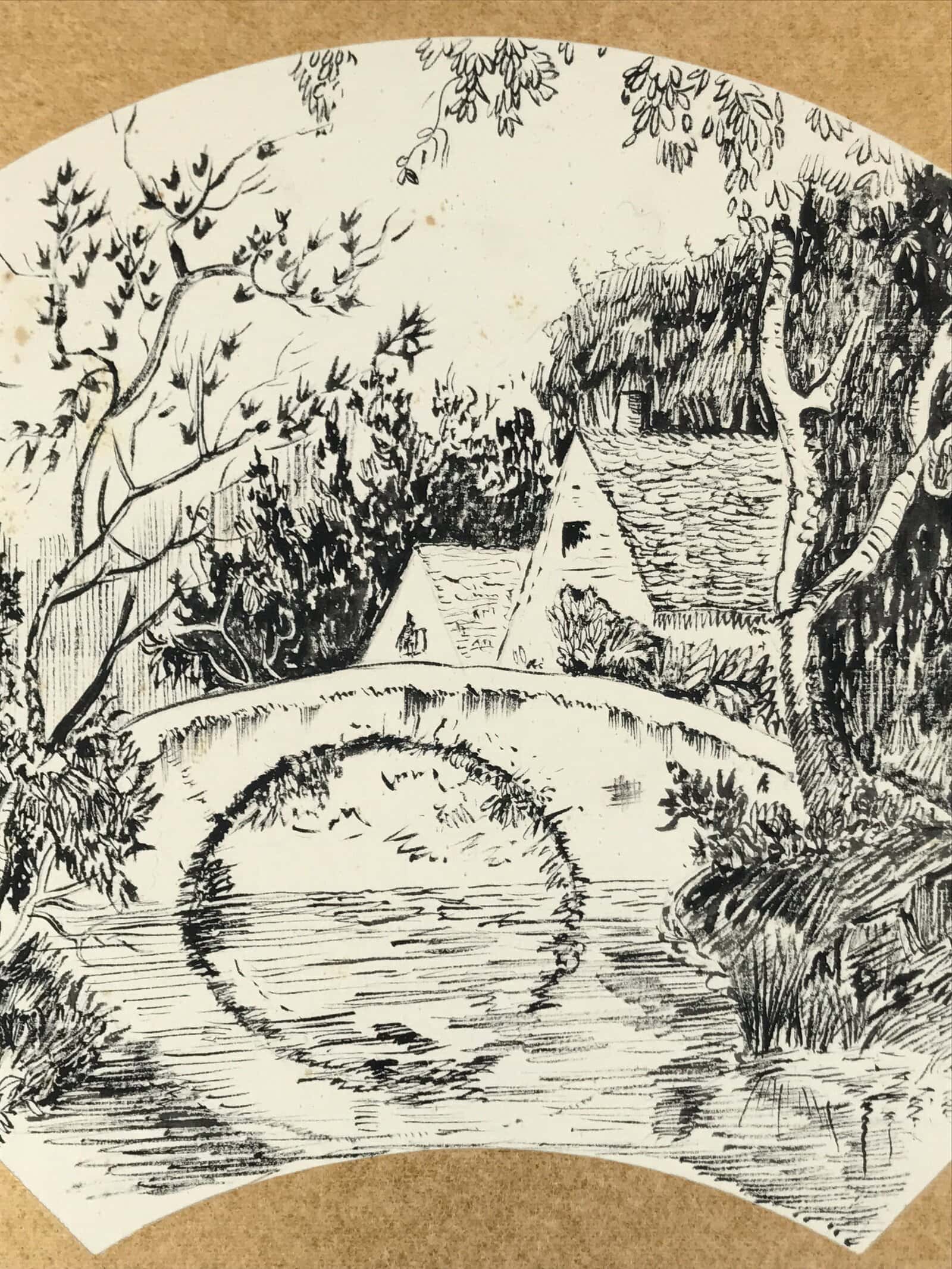 Japanese Shikishi Art Board Vtg Bridge River Village Landscape Black White A622