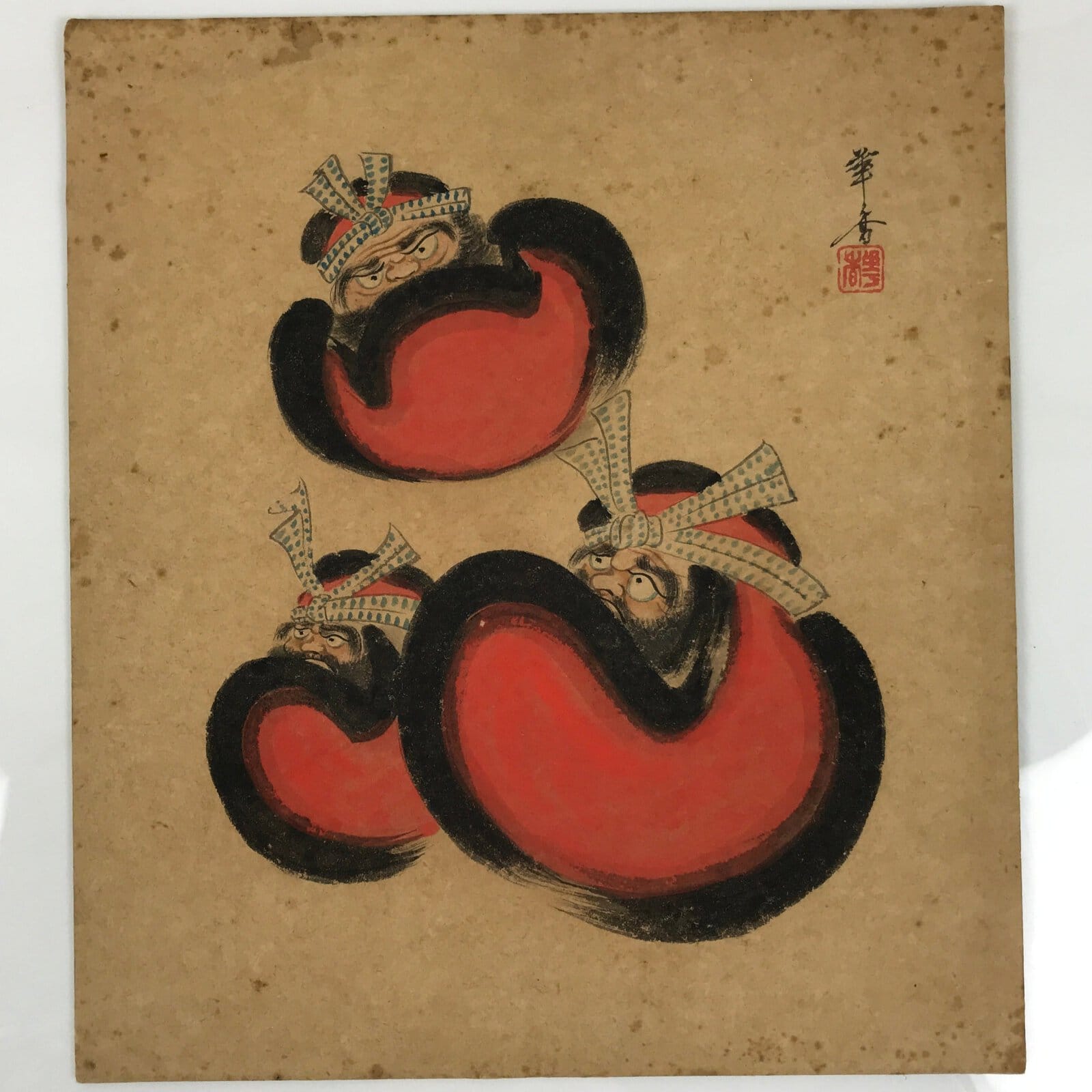 Japanese Shikishi Art Board Vtg Buddhist Painting Daruma Monk Red Black A764