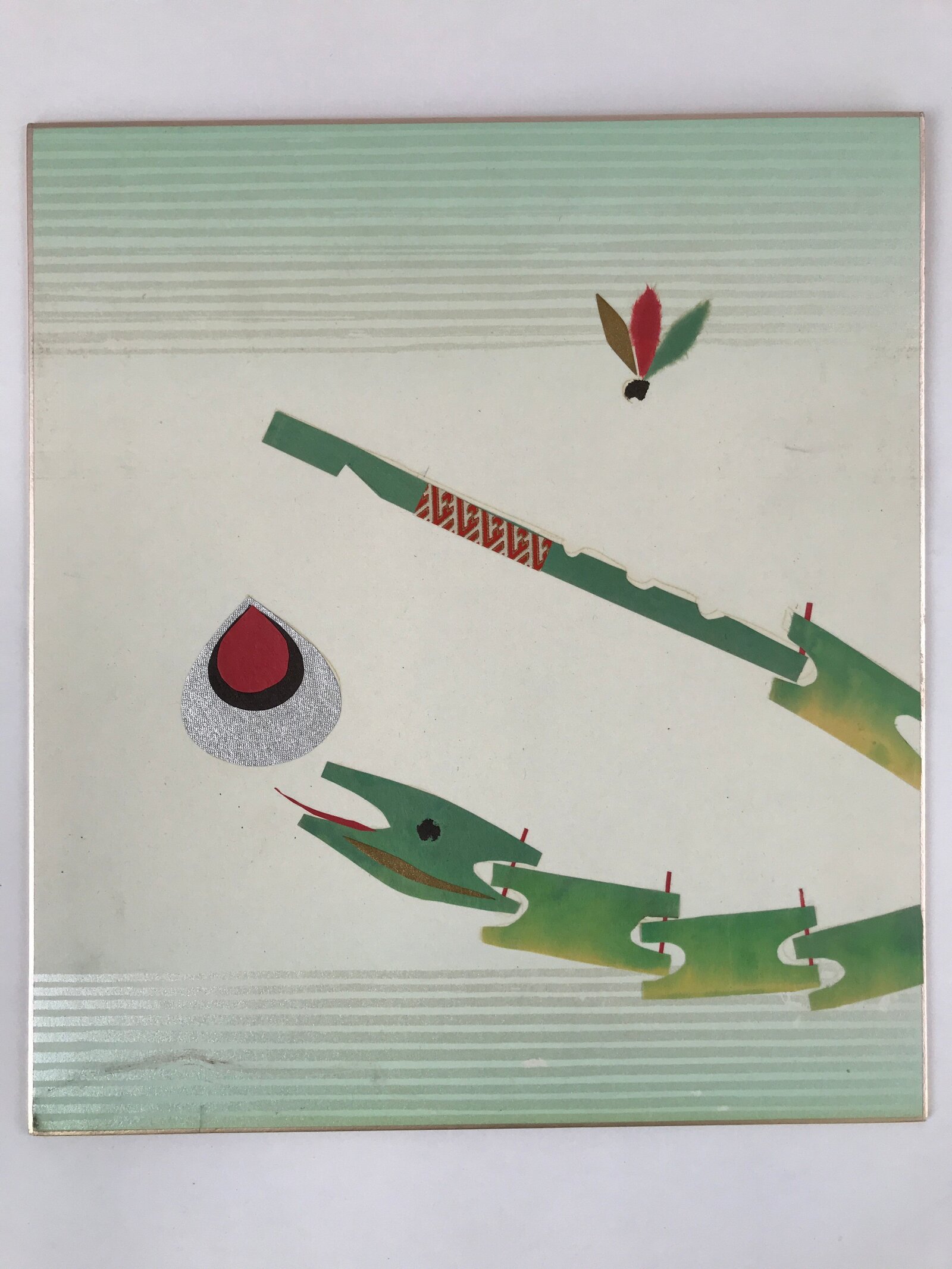 Japanese Shikishi Art Board Vtg Chigiri Takehebi Bamboo Snake Toy Green A623
