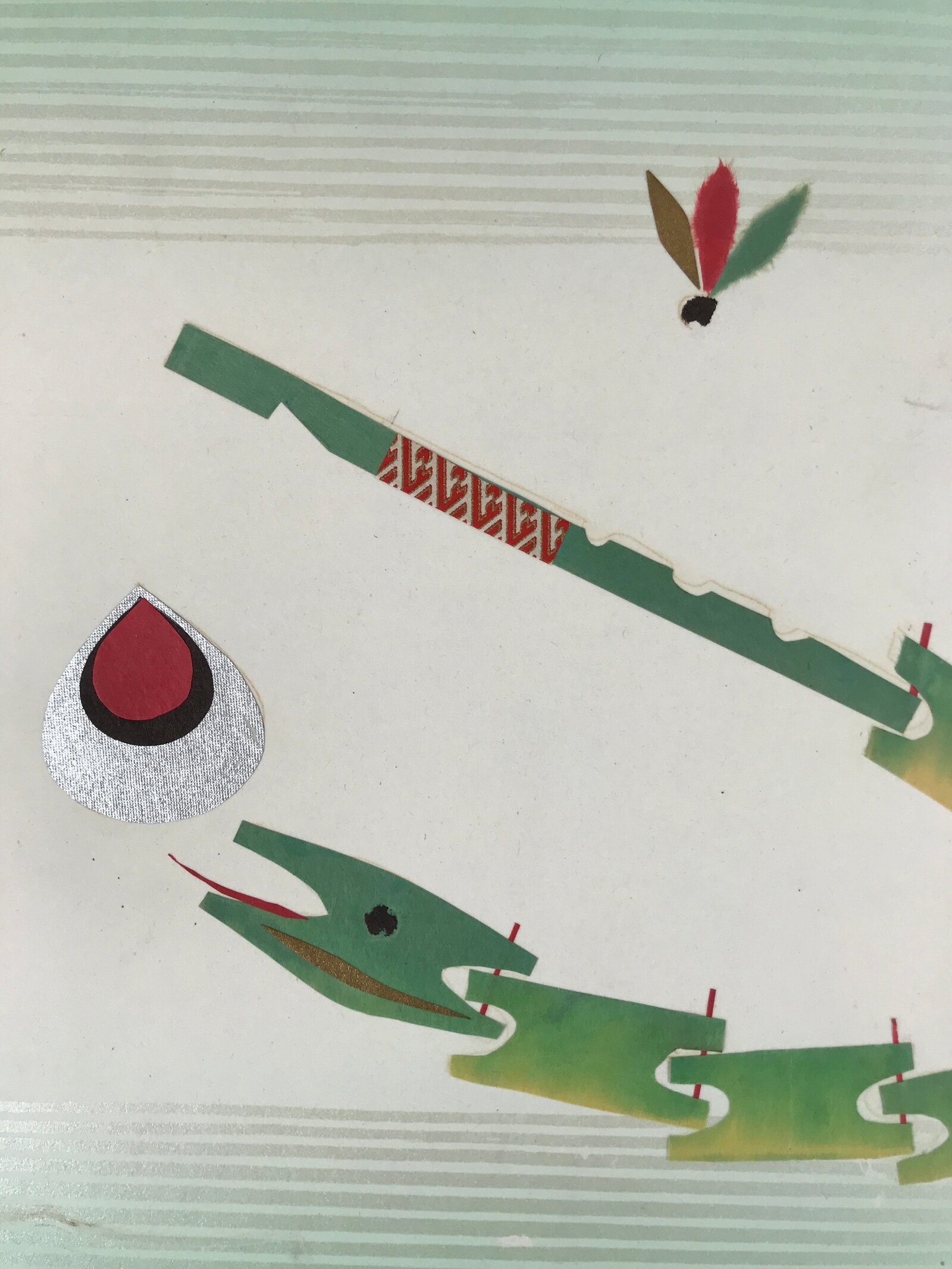 Japanese Shikishi Art Board Vtg Chigiri Takehebi Bamboo Snake Toy Green A623