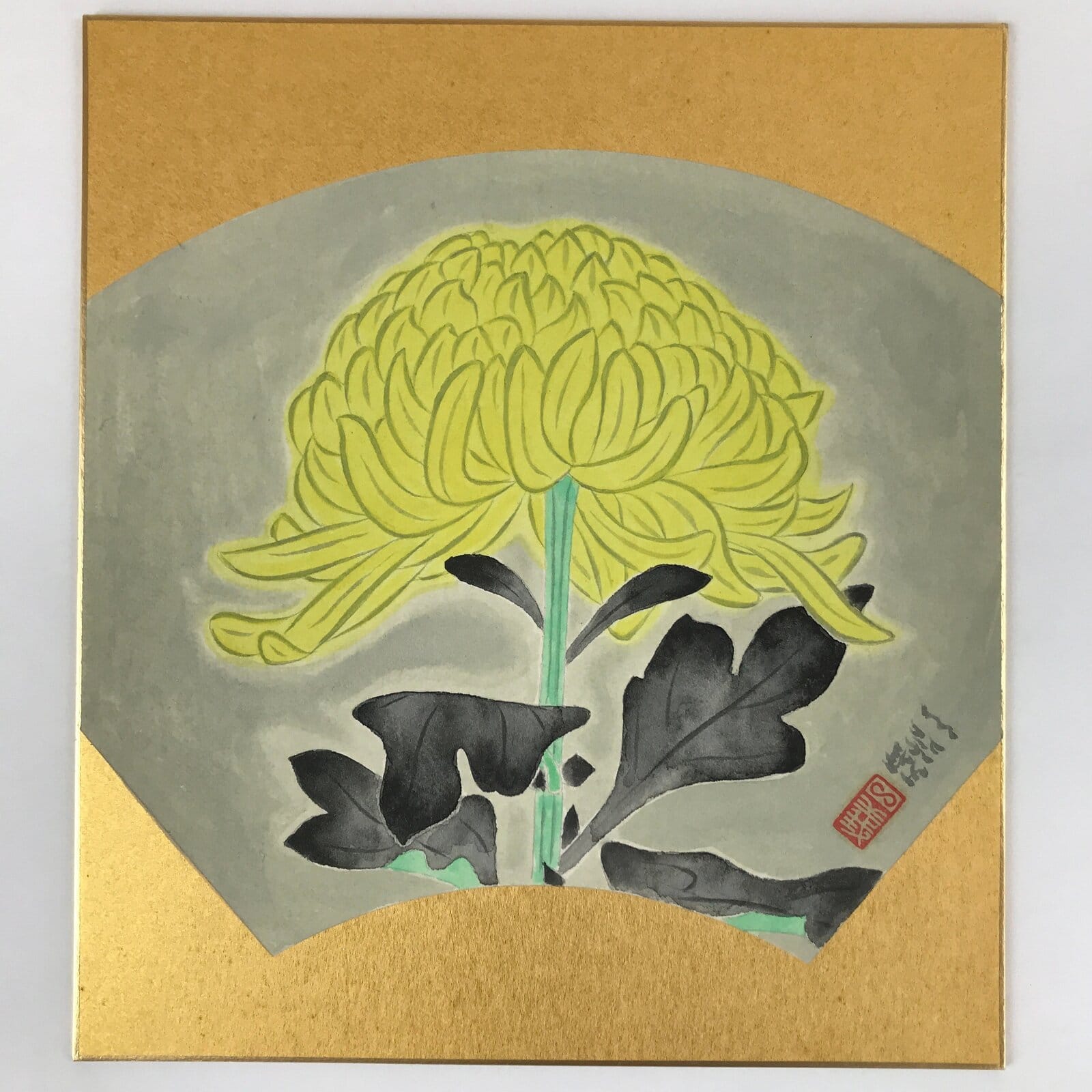 Japanese Shikishi Art Board Vtg Chrysanthemum Yellow Green Black Gold A620