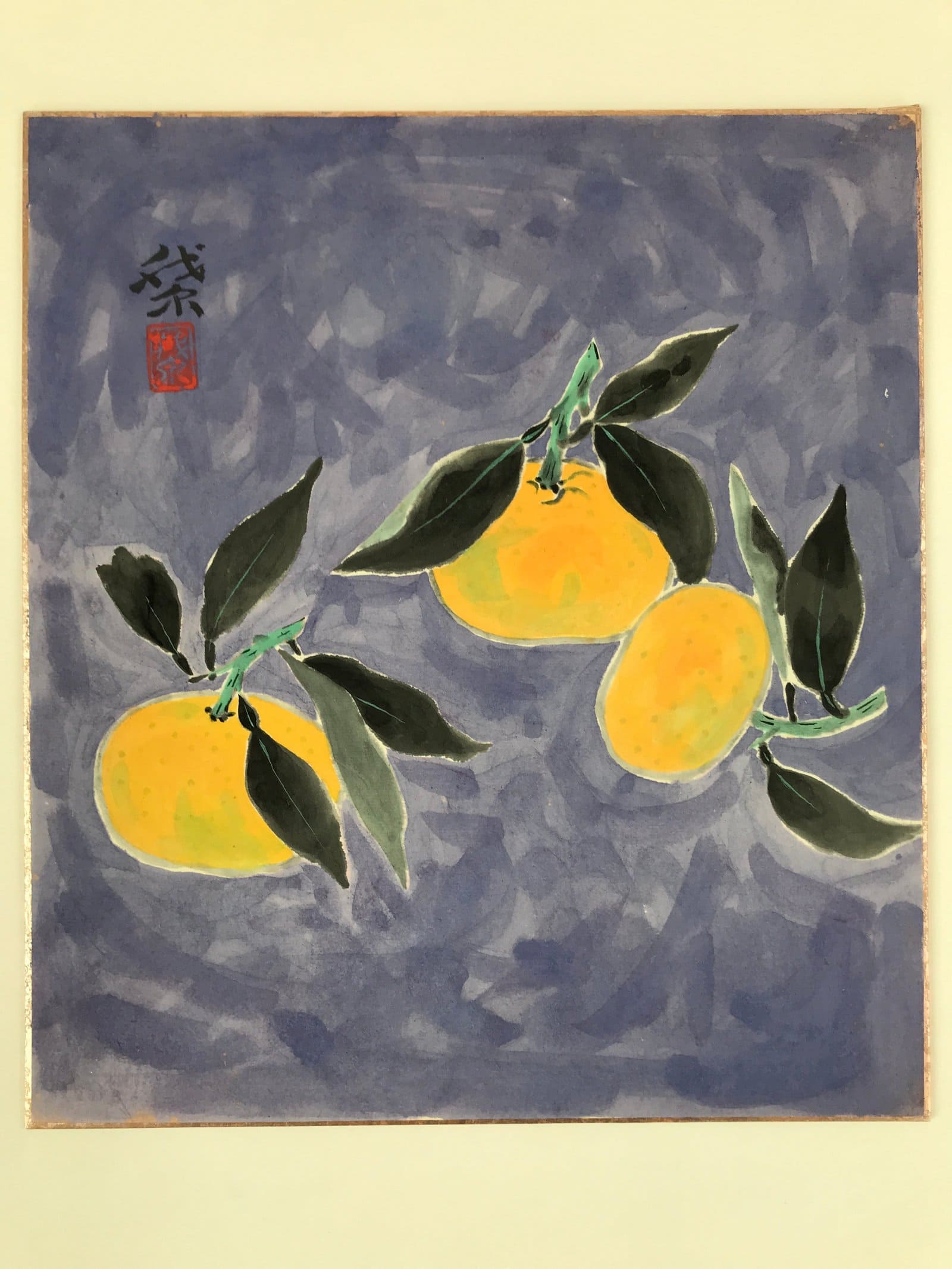 Japanese Shikishi Art Board Vtg Mikan Orange Fruit Blue Black Green A639