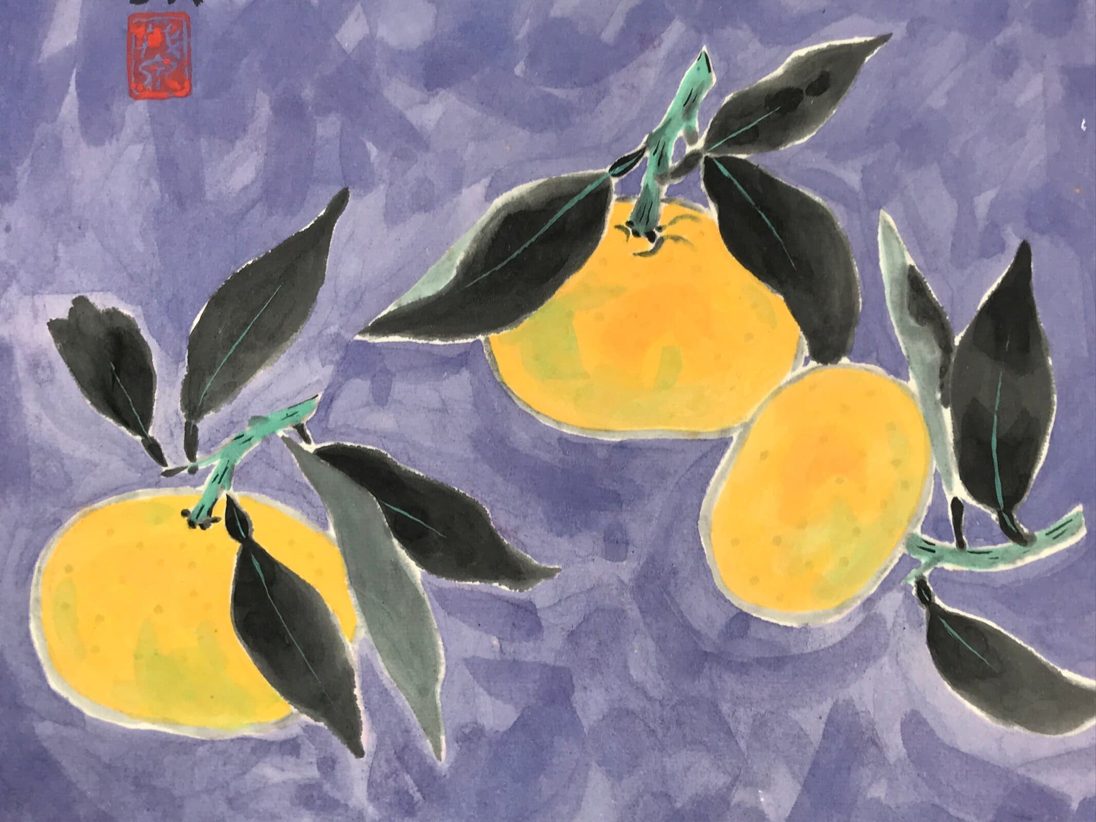 Japanese Shikishi Art Board Vtg Mikan Orange Fruit Blue Black Green A639