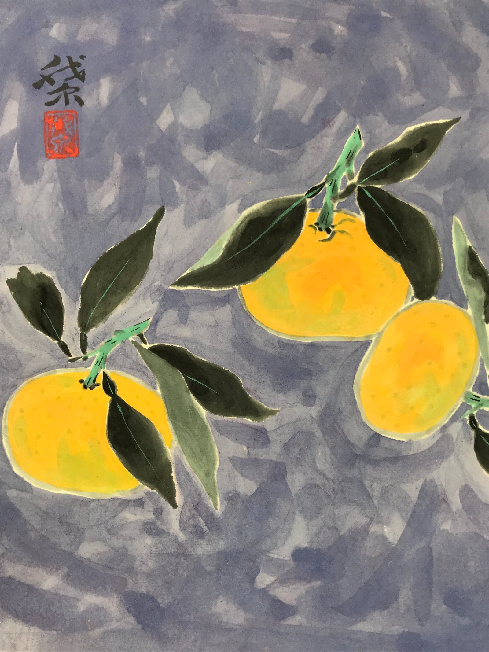 Japanese Shikishi Art Board Vtg Mikan Orange Fruit Blue Black Green A639