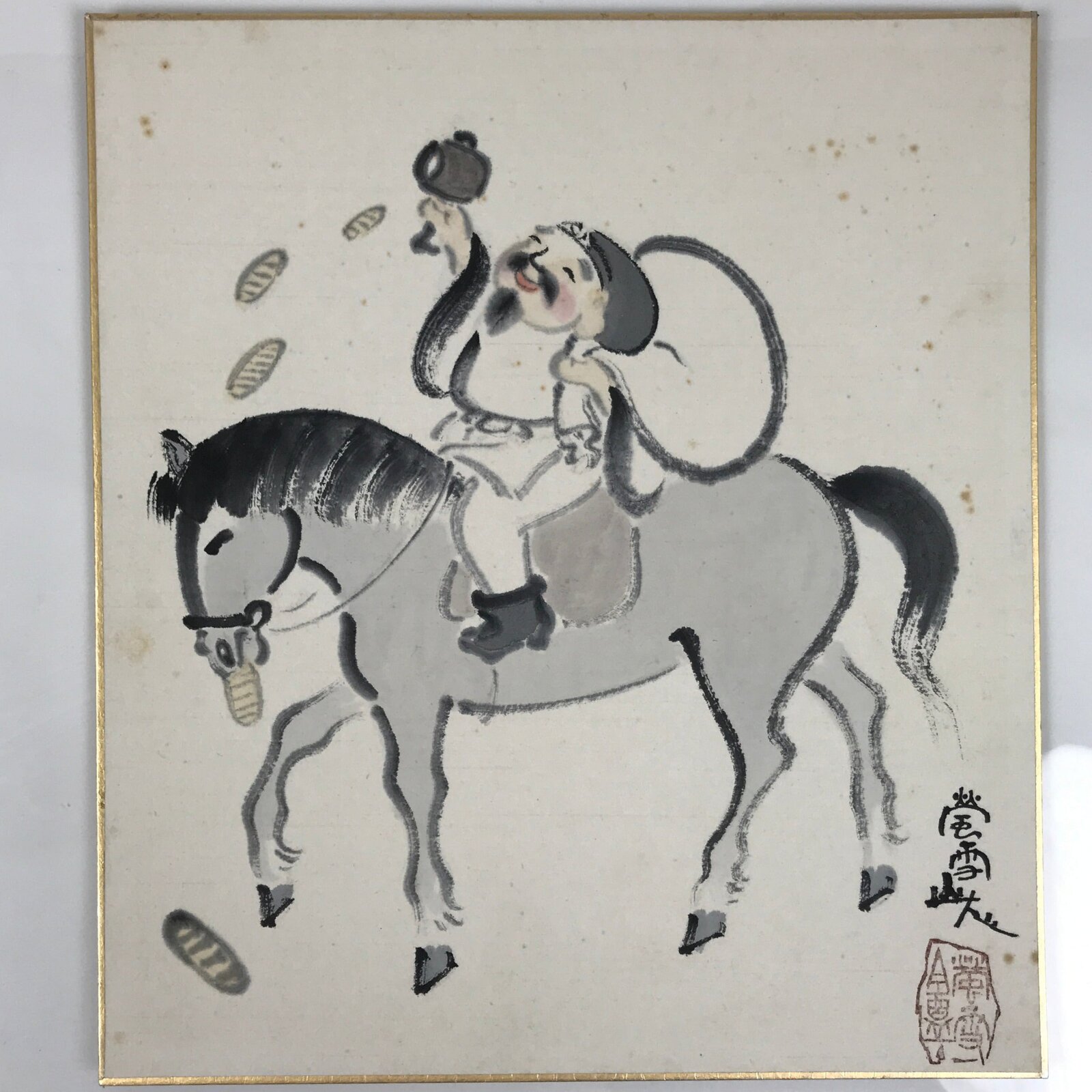 Japanese Shikishi Art Board Vtg Painting Daikokuten Horse Black White A759