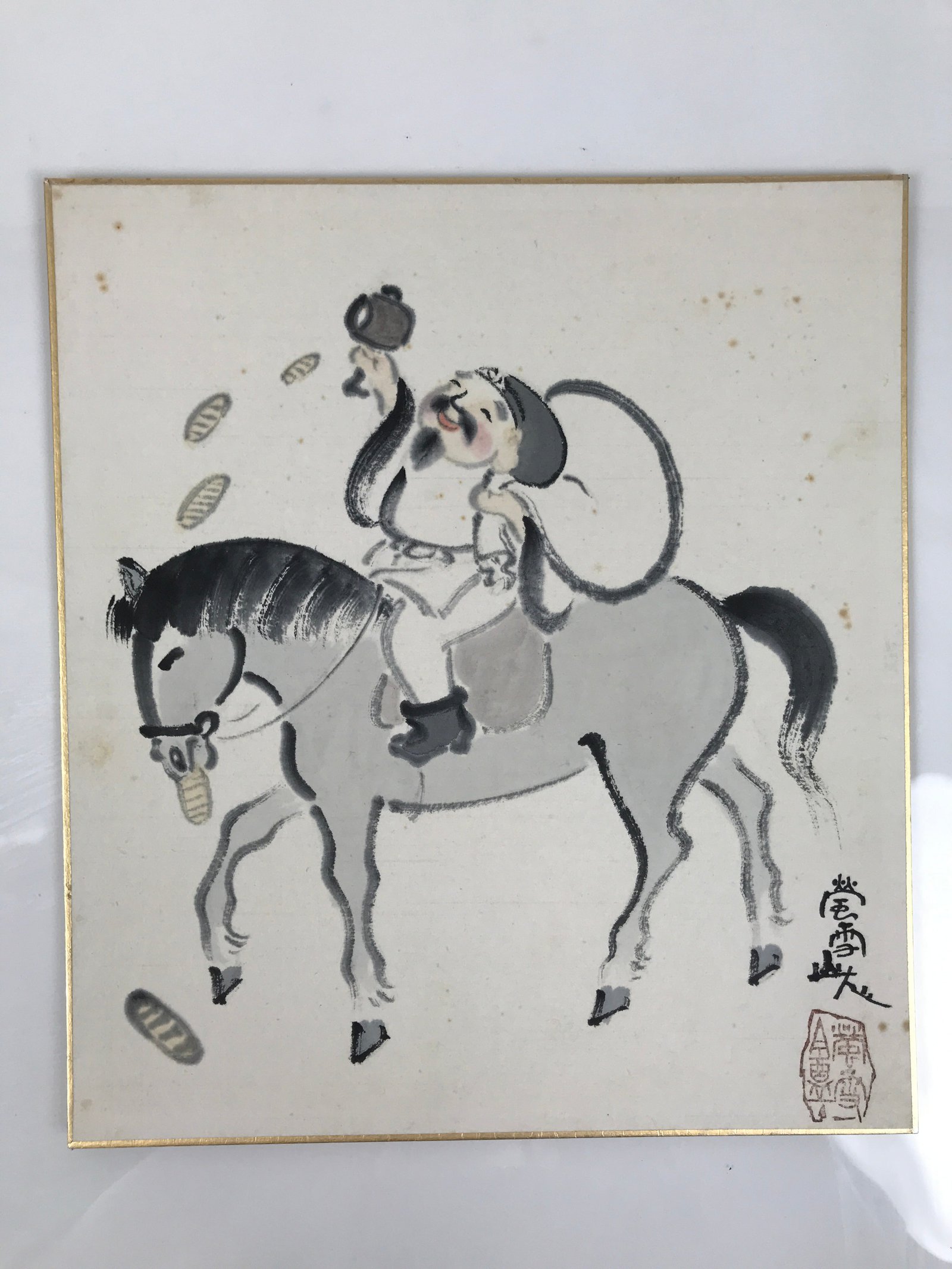 Japanese Shikishi Art Board Vtg Painting Daikokuten Horse Black White A759