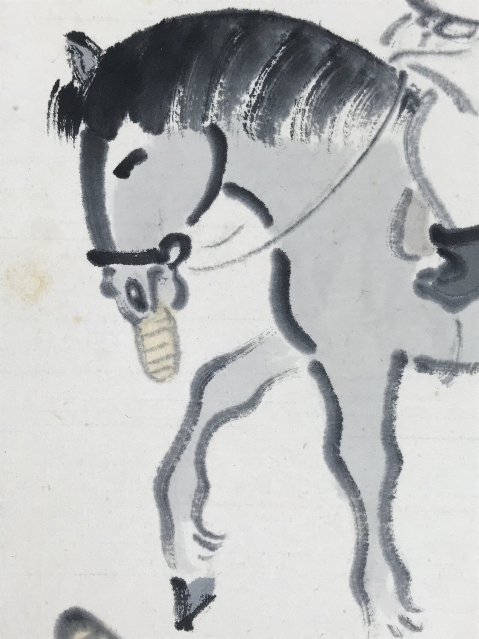 Japanese Shikishi Art Board Vtg Painting Daikokuten Horse Black White A759