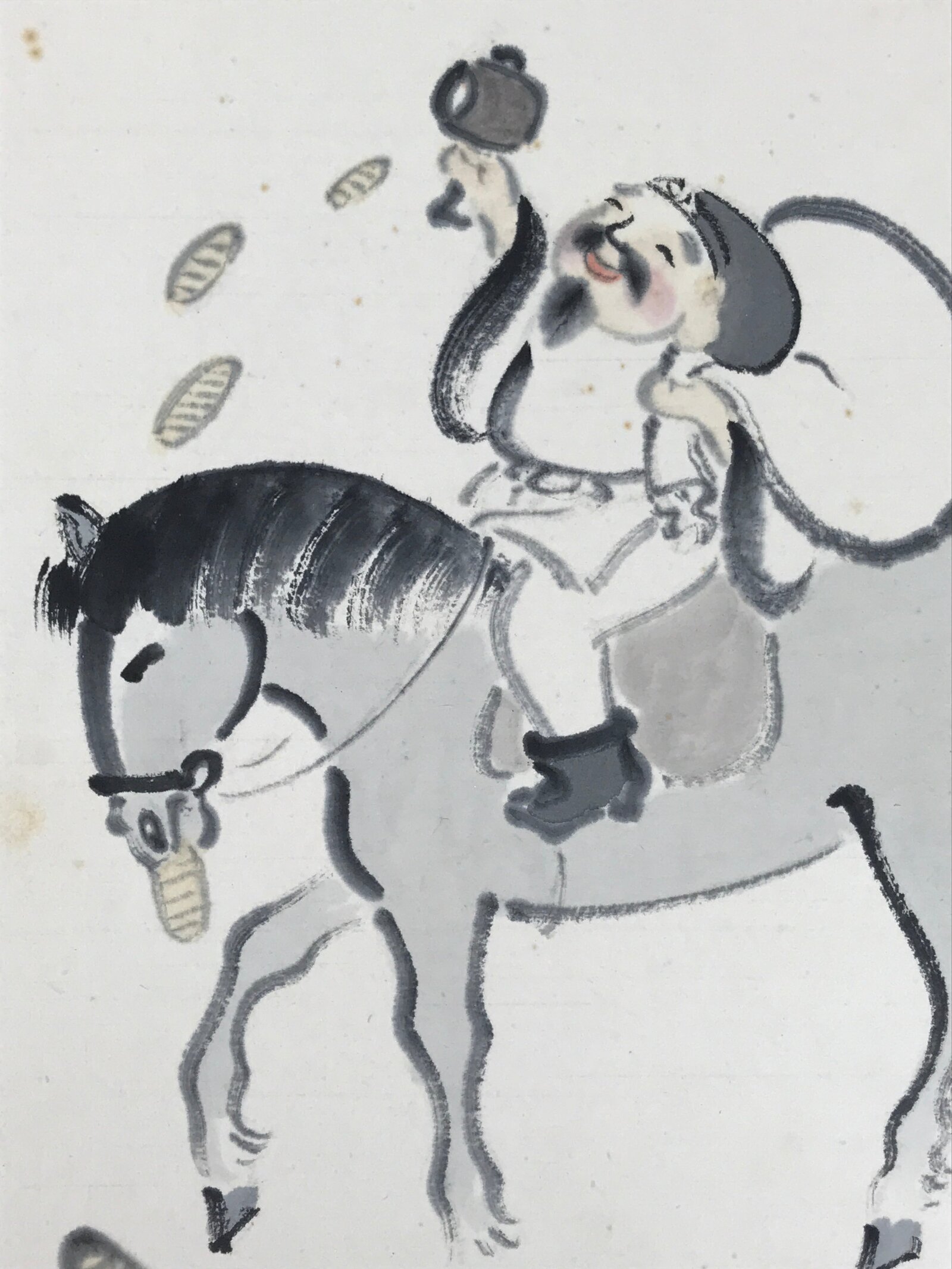Japanese Shikishi Art Board Vtg Painting Daikokuten Horse Black White A759