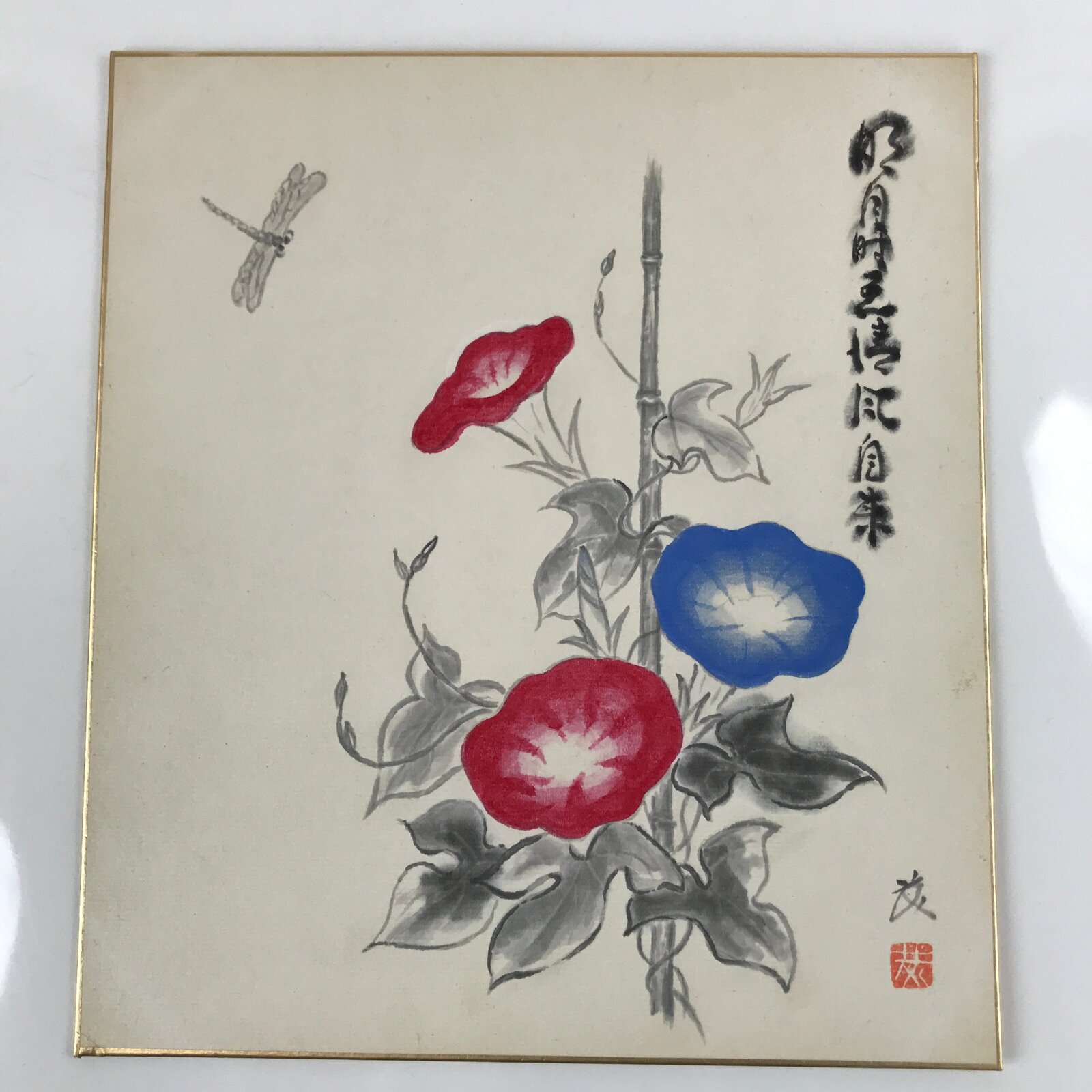 Japanese Shikishi Art Board Vtg Painting Morning Glory Asagao Red Blue A649