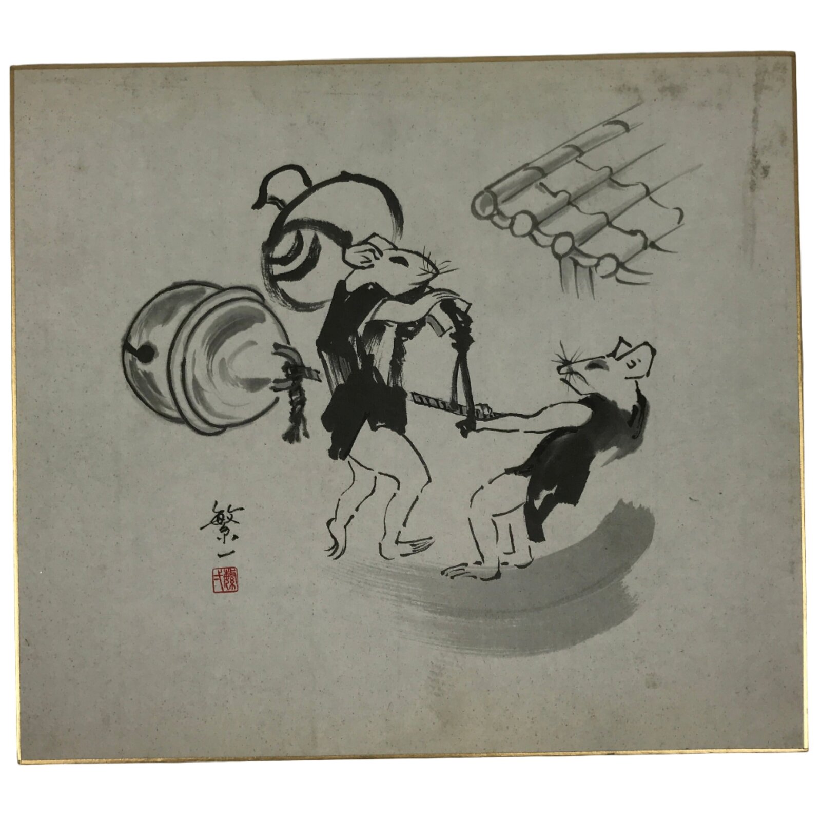 Japanese Shikishi Art Board Vtg Painting Mouse Kimono Bell Mallet Black A760
