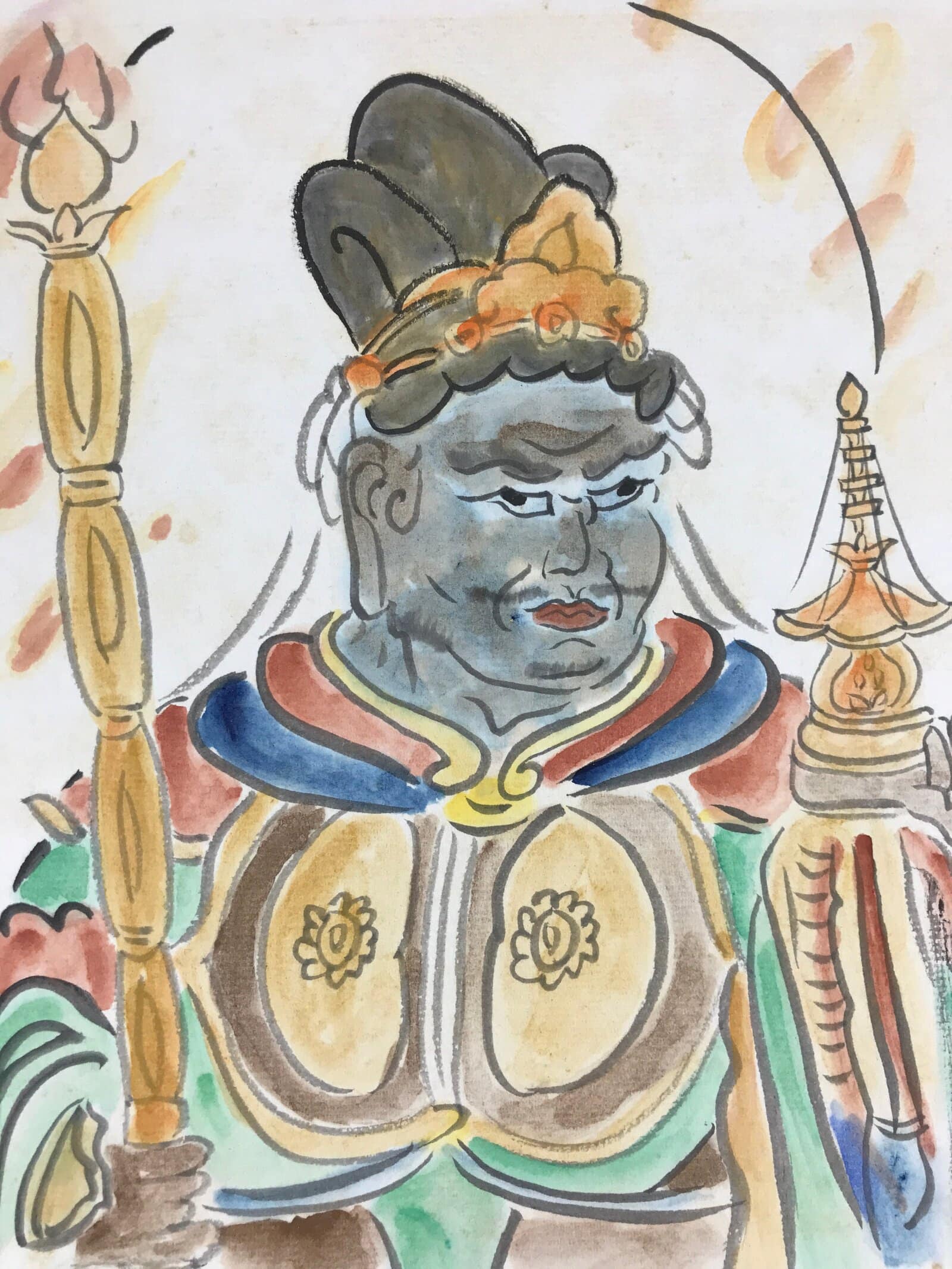 Japanese Shikishi Art Board Vtg Painting Nihonga Blue Buddhist Man A533