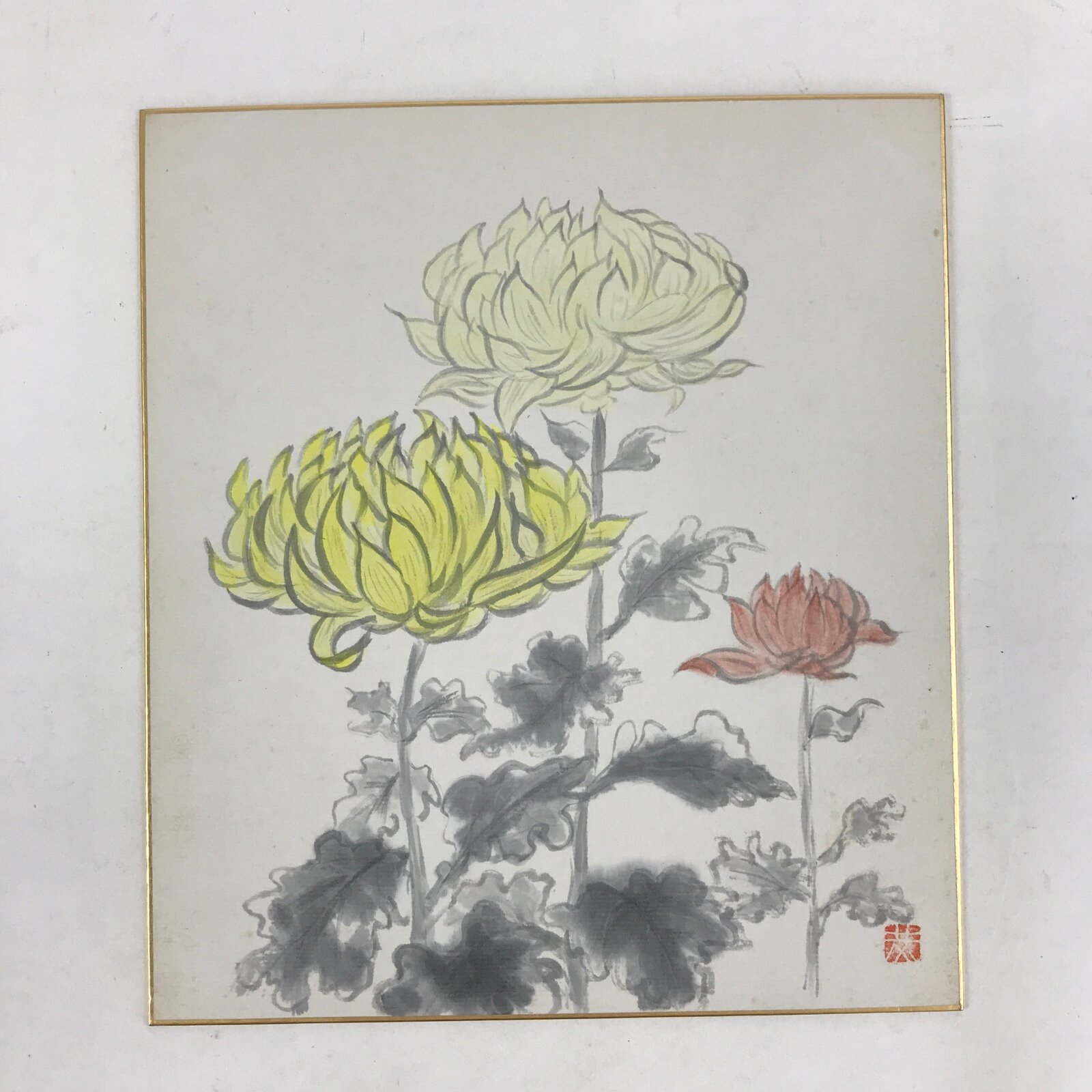 Japanese Shikishi Art Board Vtg Painting Nihonga Picture Chrysanthemums A522