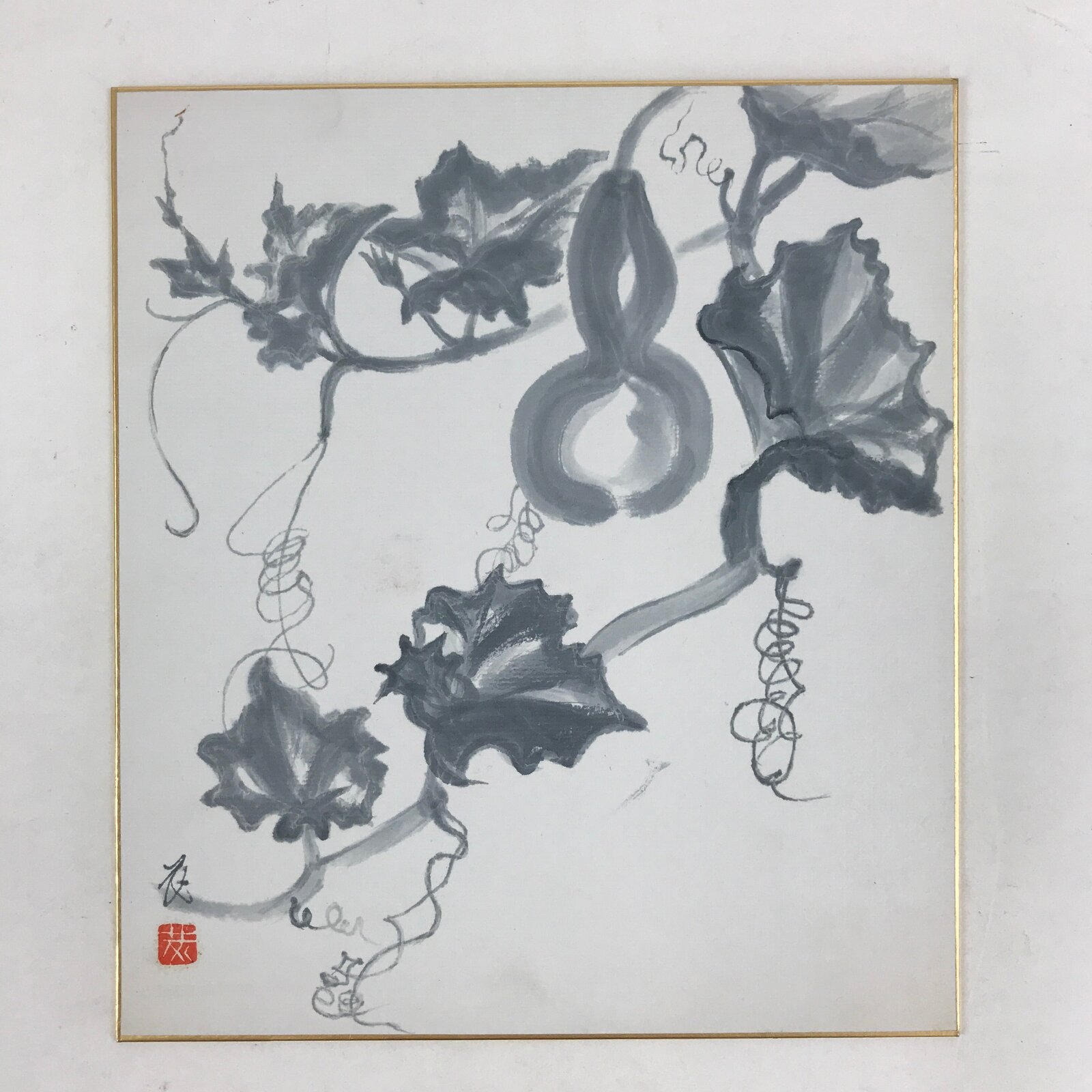 Japanese Shikishi Art Board Vtg Painting Nihonga Picture Hyotan Gourd Vines A521