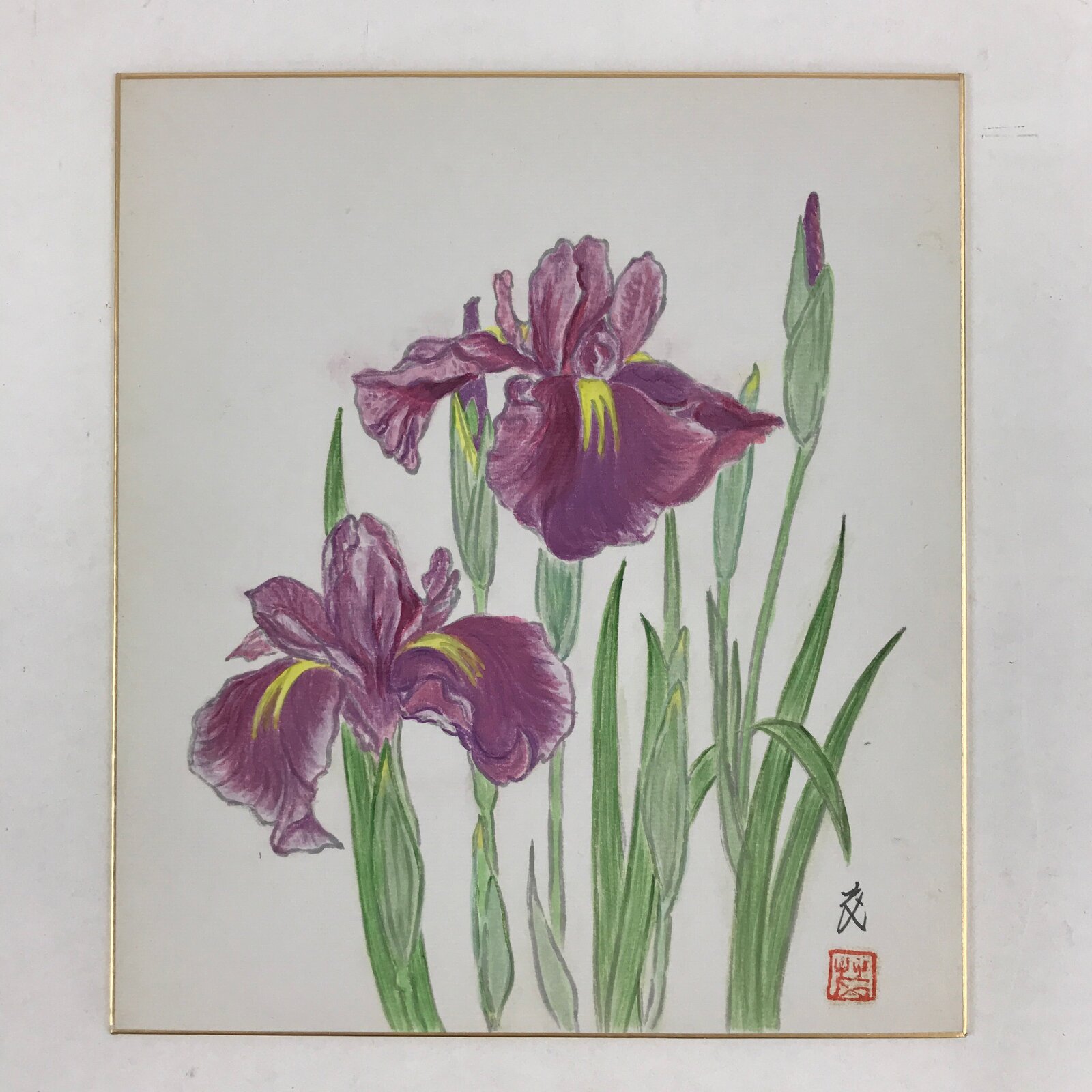 Japanese Shikishi Art Board Vtg Painting Nihonga Picture Iris Hanashoubu A523