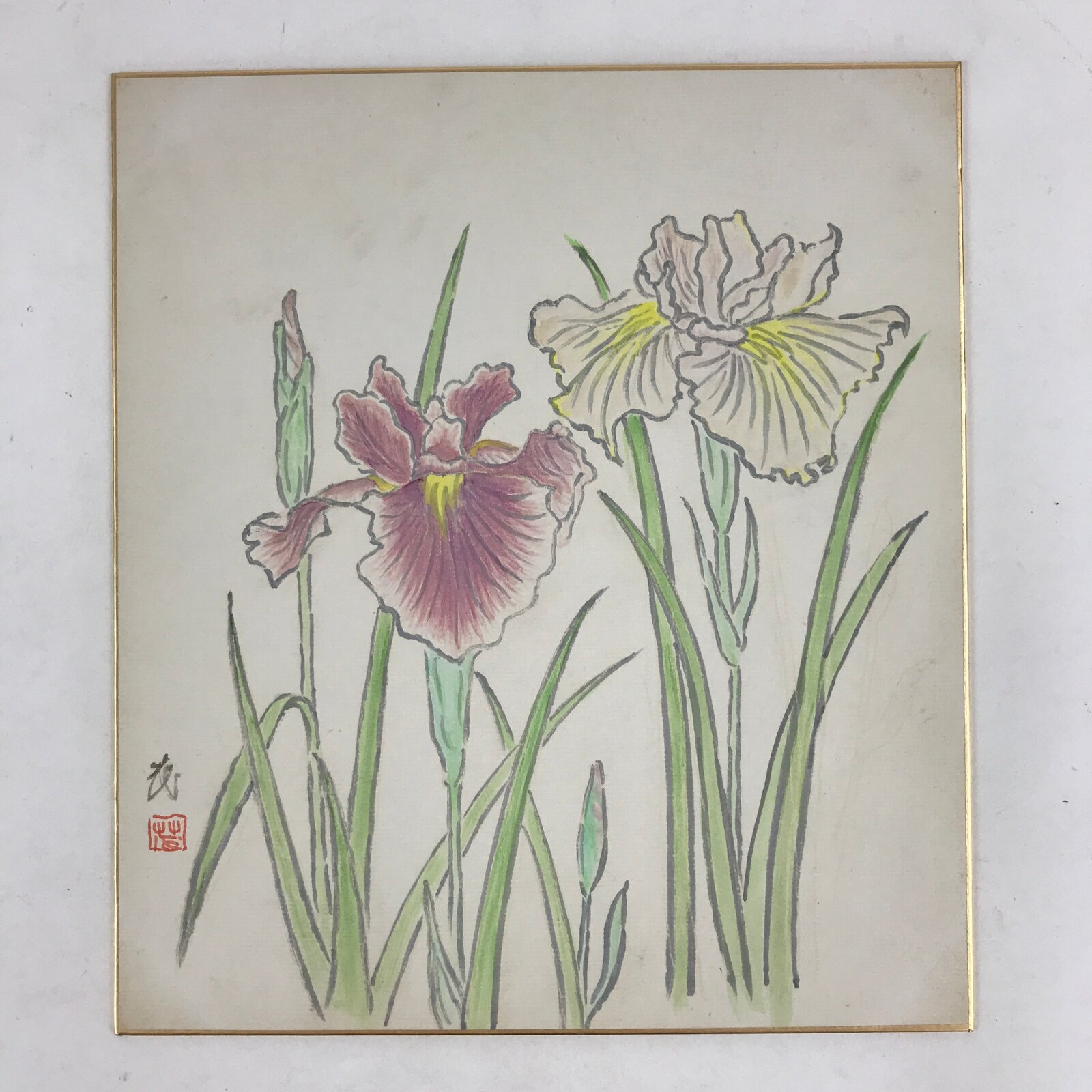Japanese Shikishi Art Board Vtg Painting Nihonga Picture Iris Hanashoubu A524