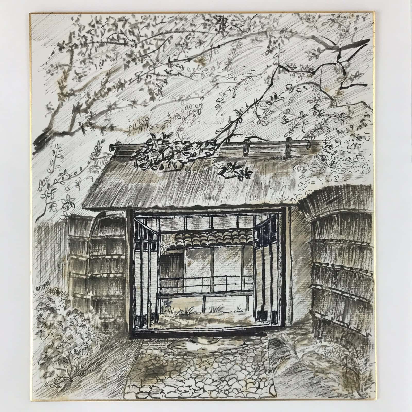 Japanese Shikishi Art Board Vtg Traditional House Entrance Gate Mon Black A634