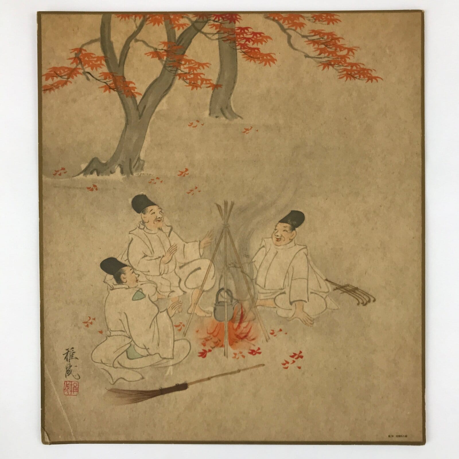 Japanese Shikishi Art Reproduction Takatori Wakanari Men Resting Campfire A644