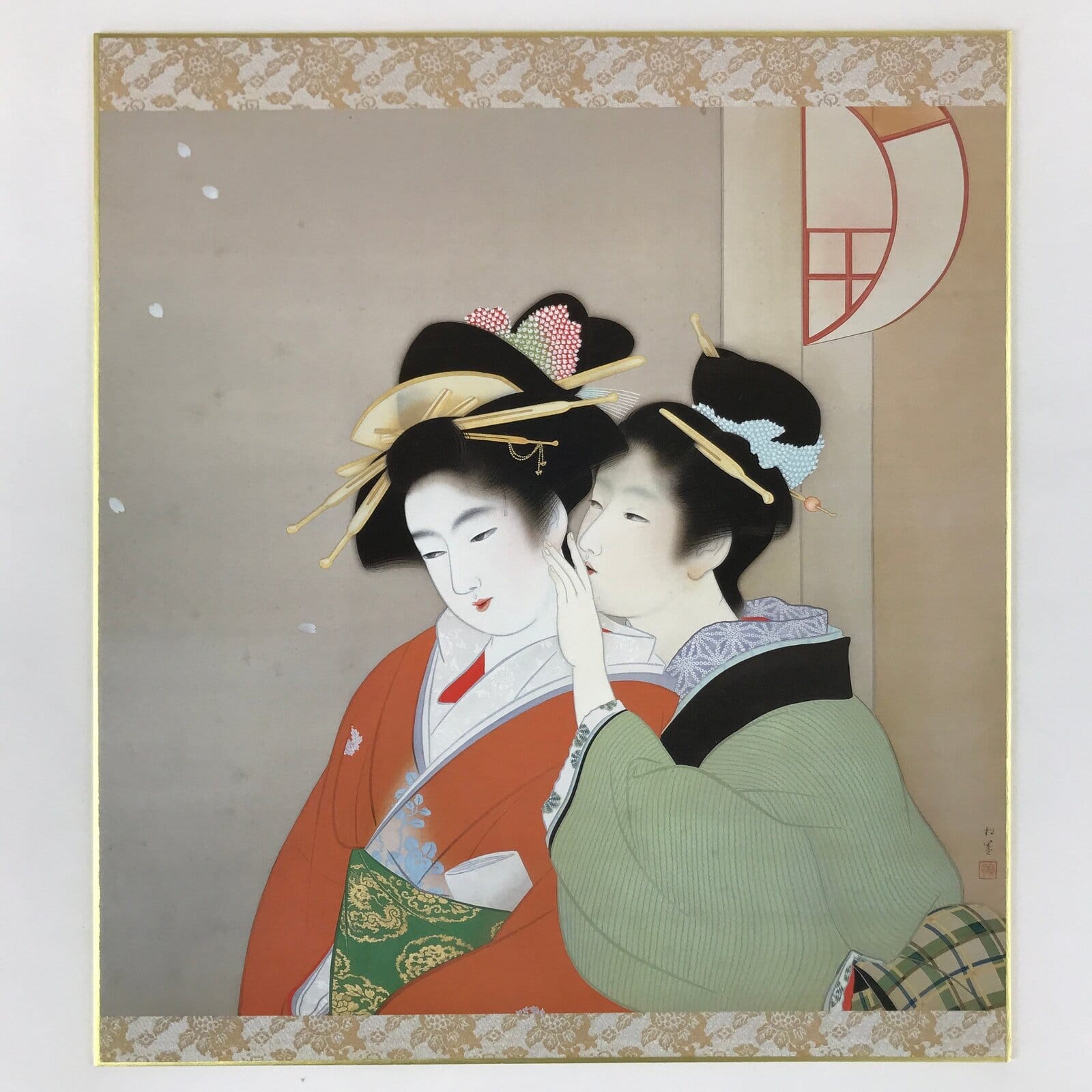 Japanese Shikishi Printed Reproduction Shoen Uemura Shunsho Geisha Kimono A607