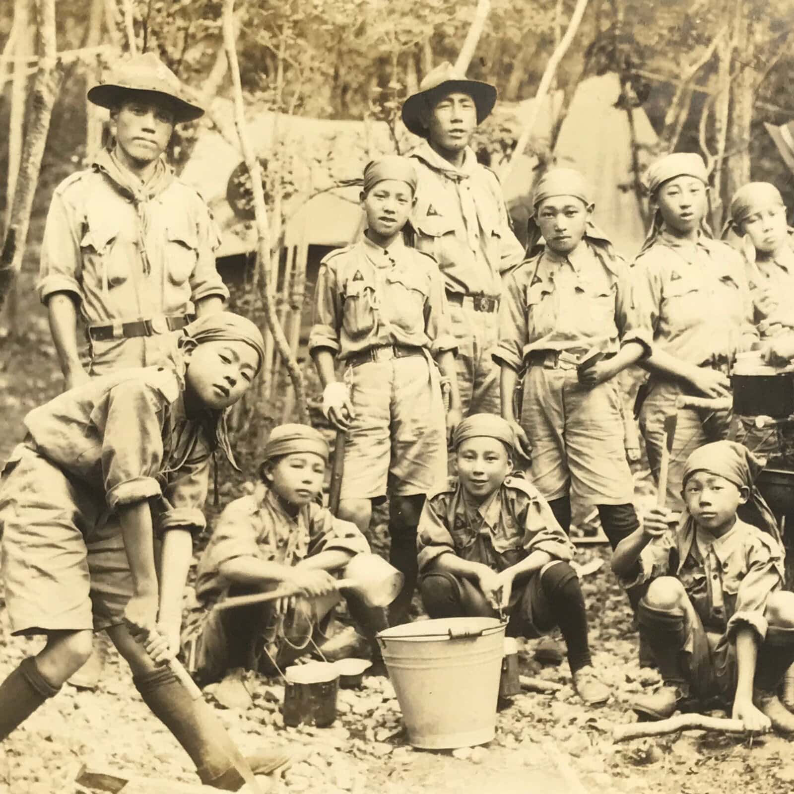 Japanese Showa Boy Scouts Troop Camp Photograph Vtg Scoutmaster Sepia Tone PH159