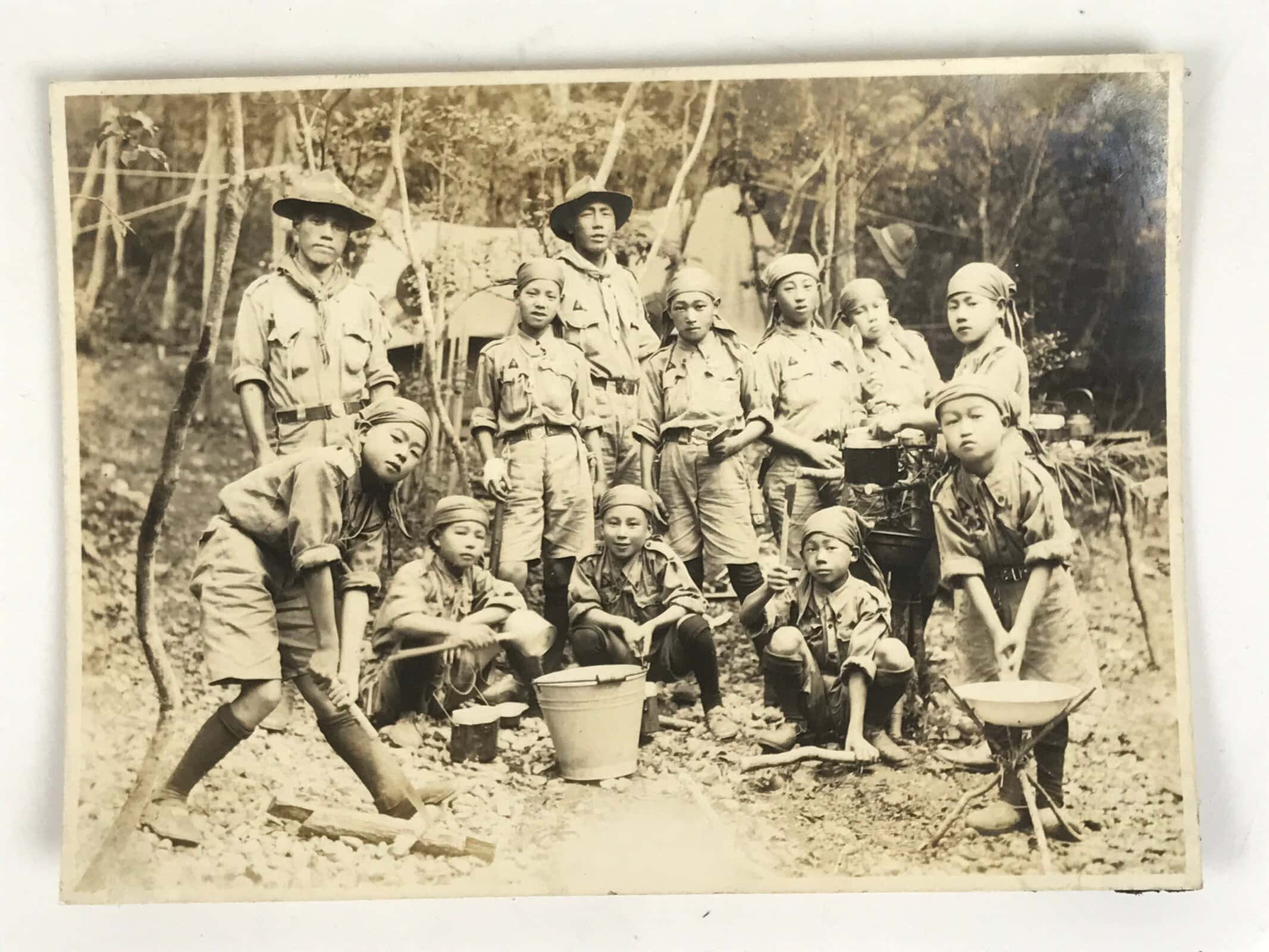 Japanese Showa Boy Scouts Troop Camp Photograph Vtg Scoutmaster Sepia Tone PH159