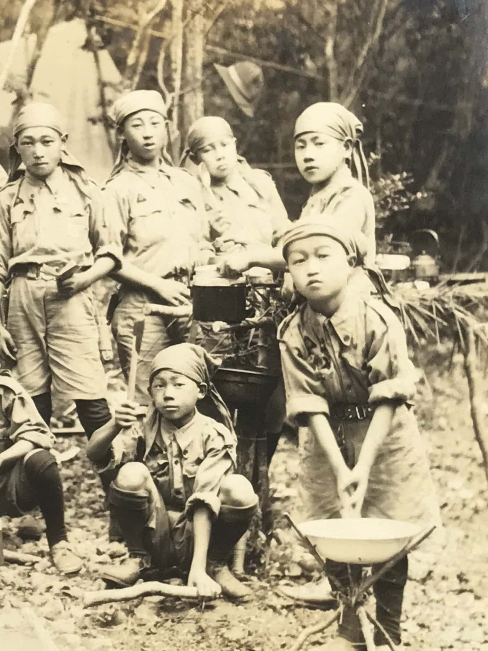 Japanese Showa Boy Scouts Troop Camp Photograph Vtg Scoutmaster Sepia Tone PH159