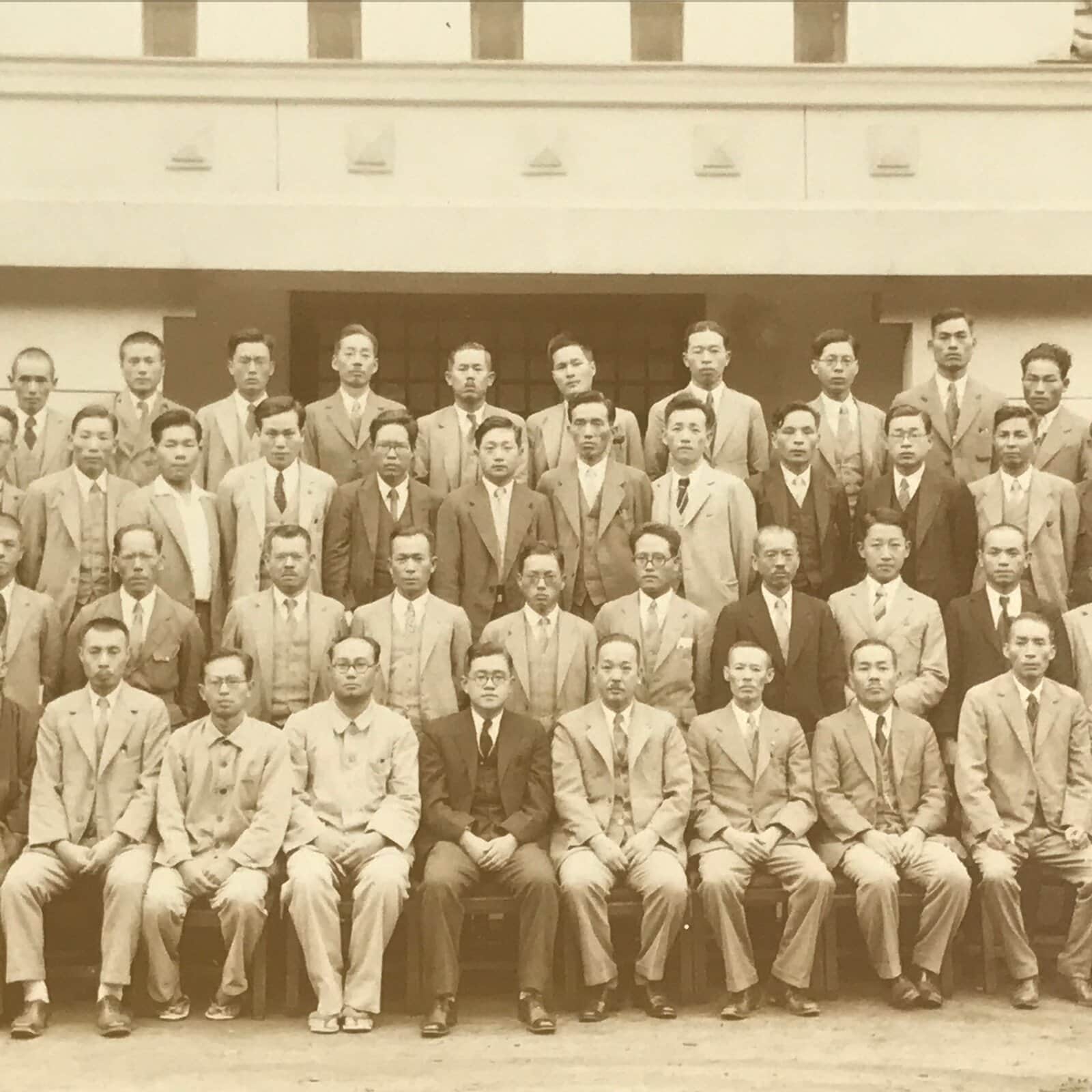 Japanese Showa Company Staff Group Photograph Vtg Building Suit Sepia Tone PH150