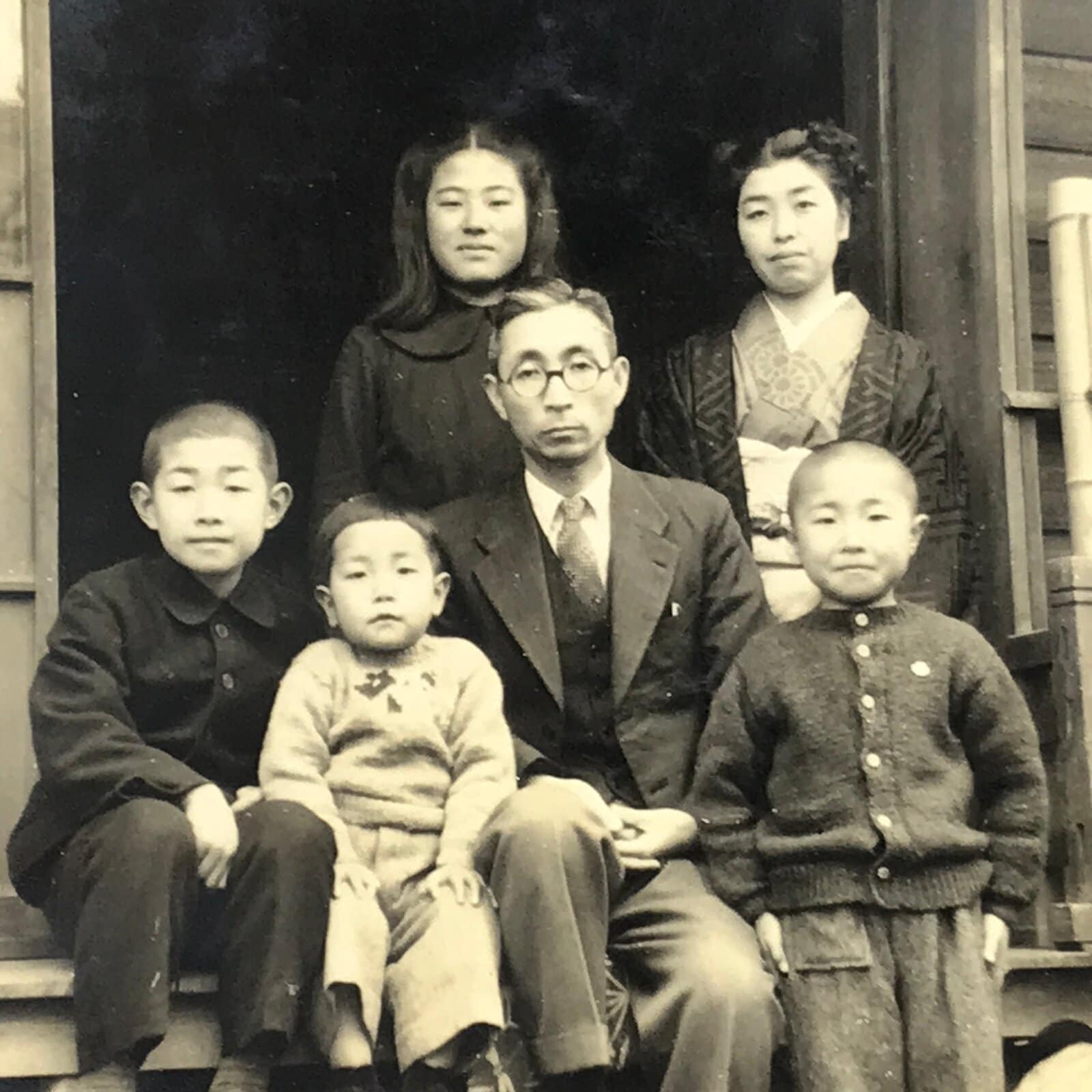 Japanese Showa Family Posed Portrait Photograph Kimono Uniform Black White PH197