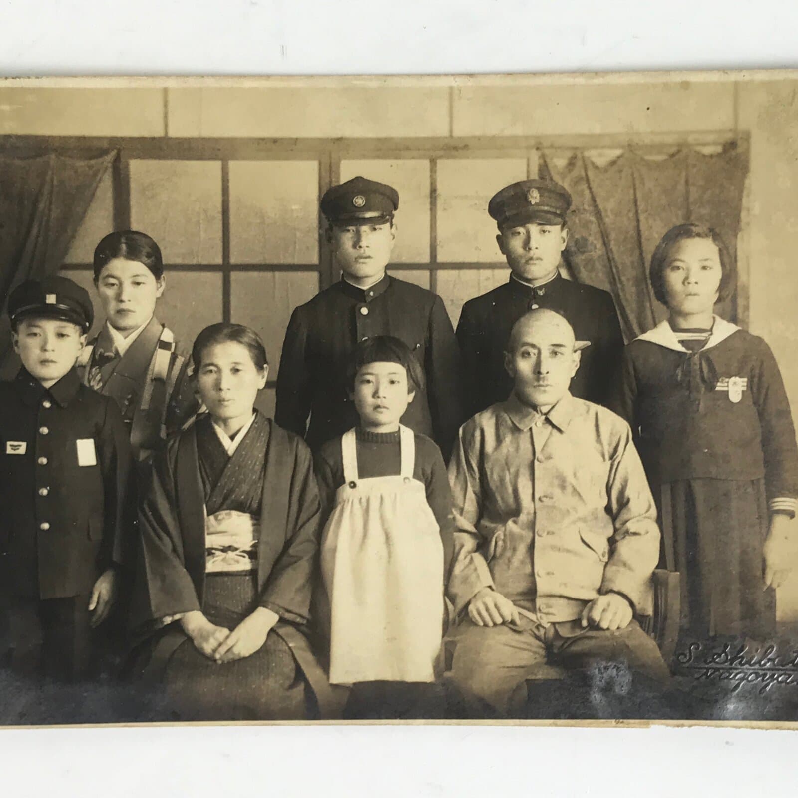 Japanese Showa Family Posed Portrait Photograph Vtg Kimono Uniform Sepia PH110