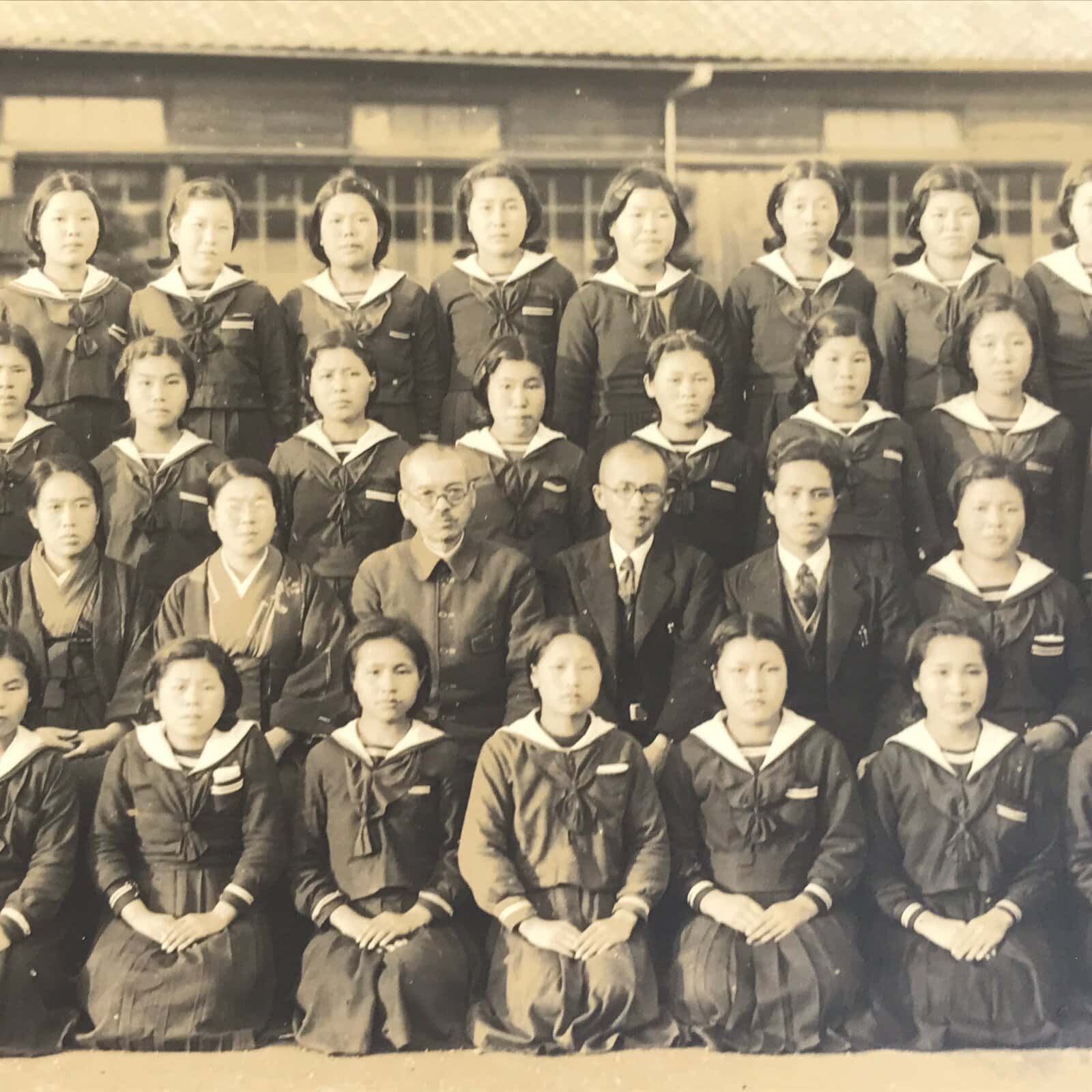 Japanese Showa Girls' School Class Photograph Group Student Uniform Sepia PH79