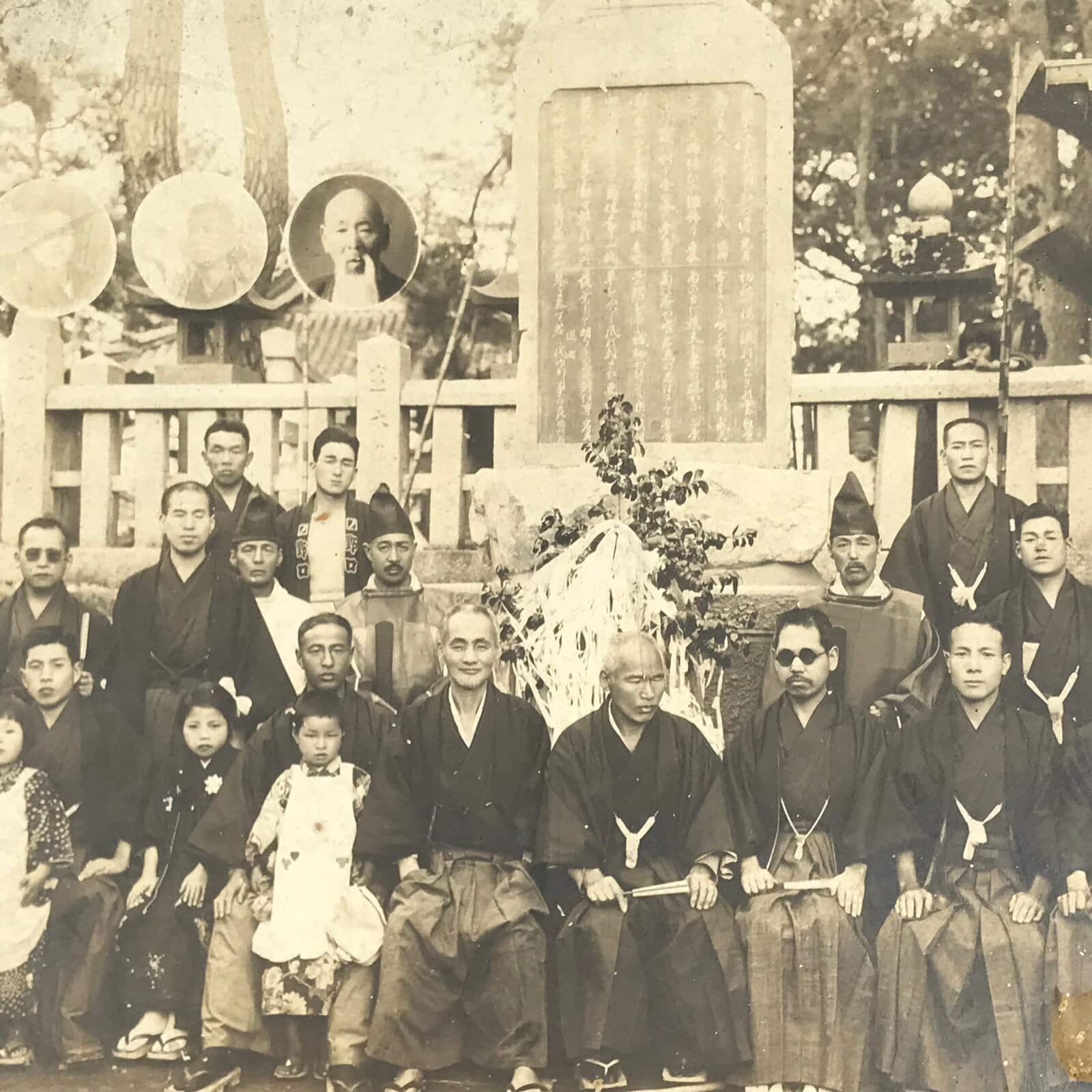 Japanese Showa Group Portrait Photograph Vtg Shrine Stone Monument Sepia PH288