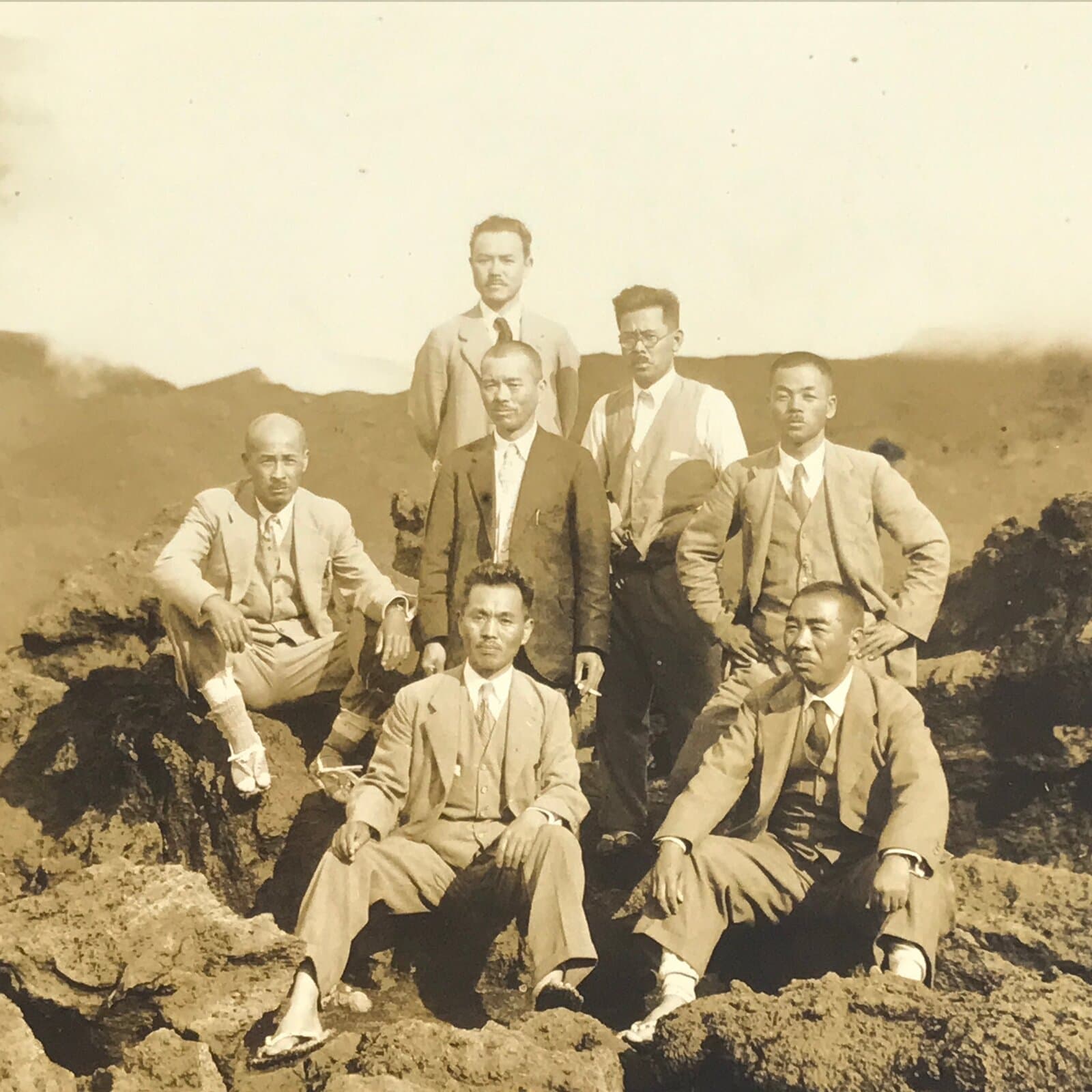 Japanese Showa Men Group Photograph Vtg Mountain Volcano Suits Sepia Tone PH147