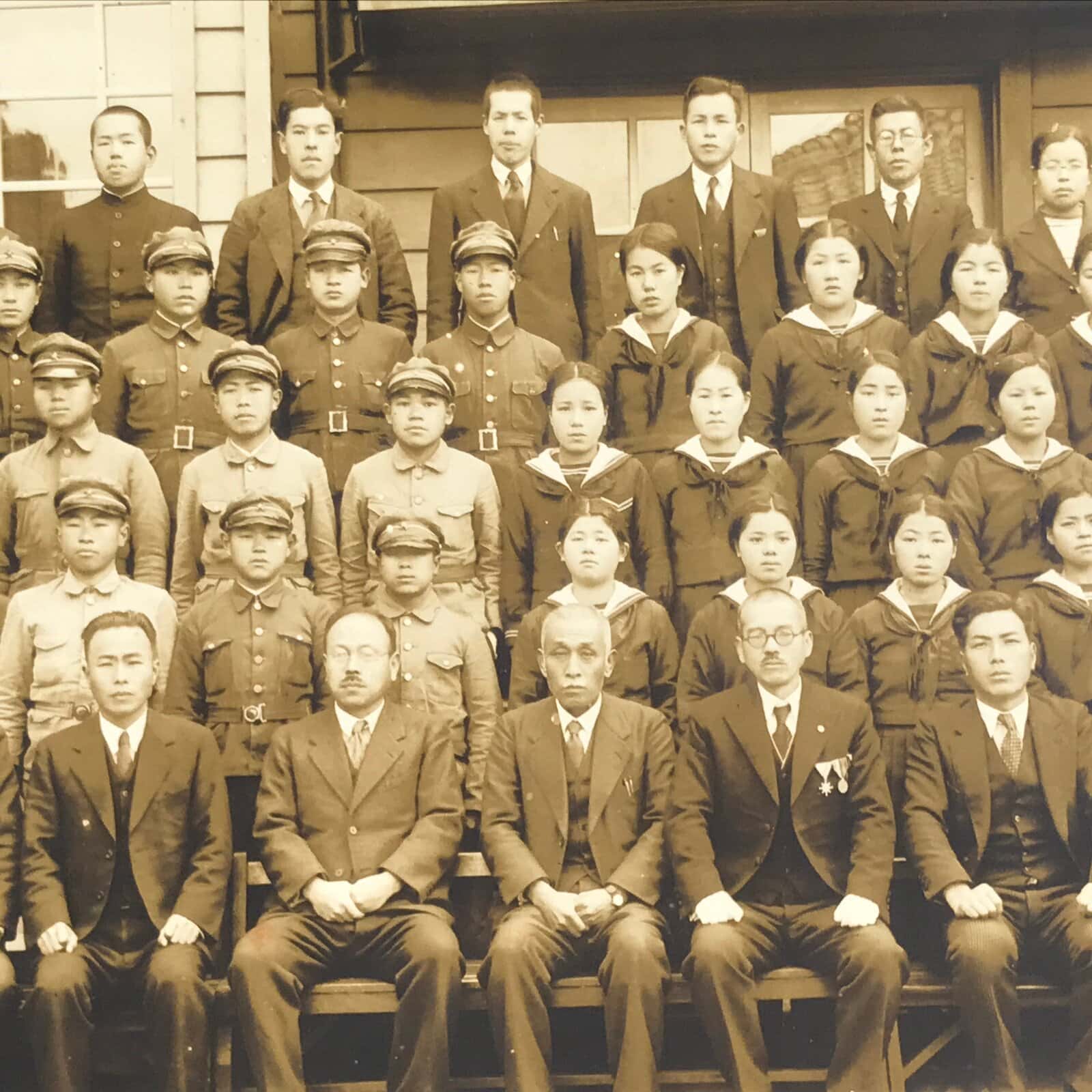 Japanese Showa School Class Photograph Vtg Group Student Uniform Sepia PH64