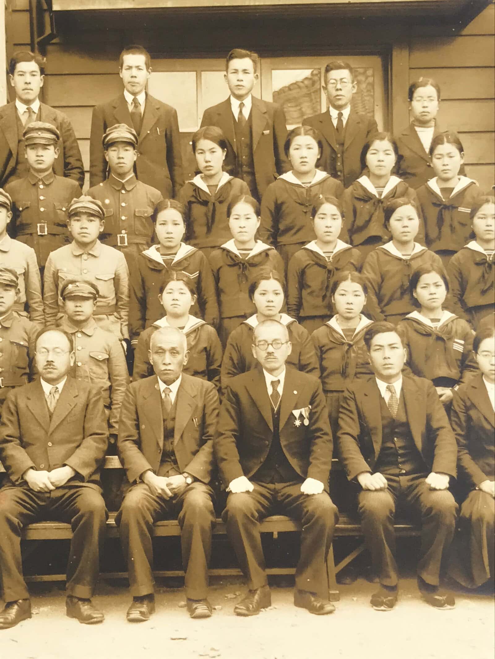 Japanese Showa School Class Photograph Vtg Group Student Uniform Sepia PH64
