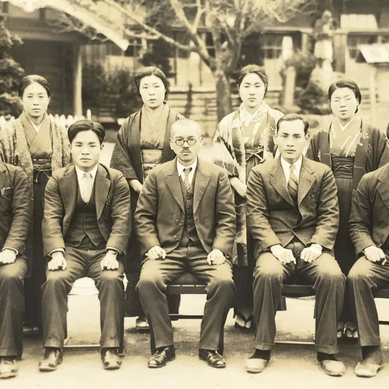 Japanese Showa School Staff Group Photograph Vtg Teacher Kimono Sepia Tone PH148