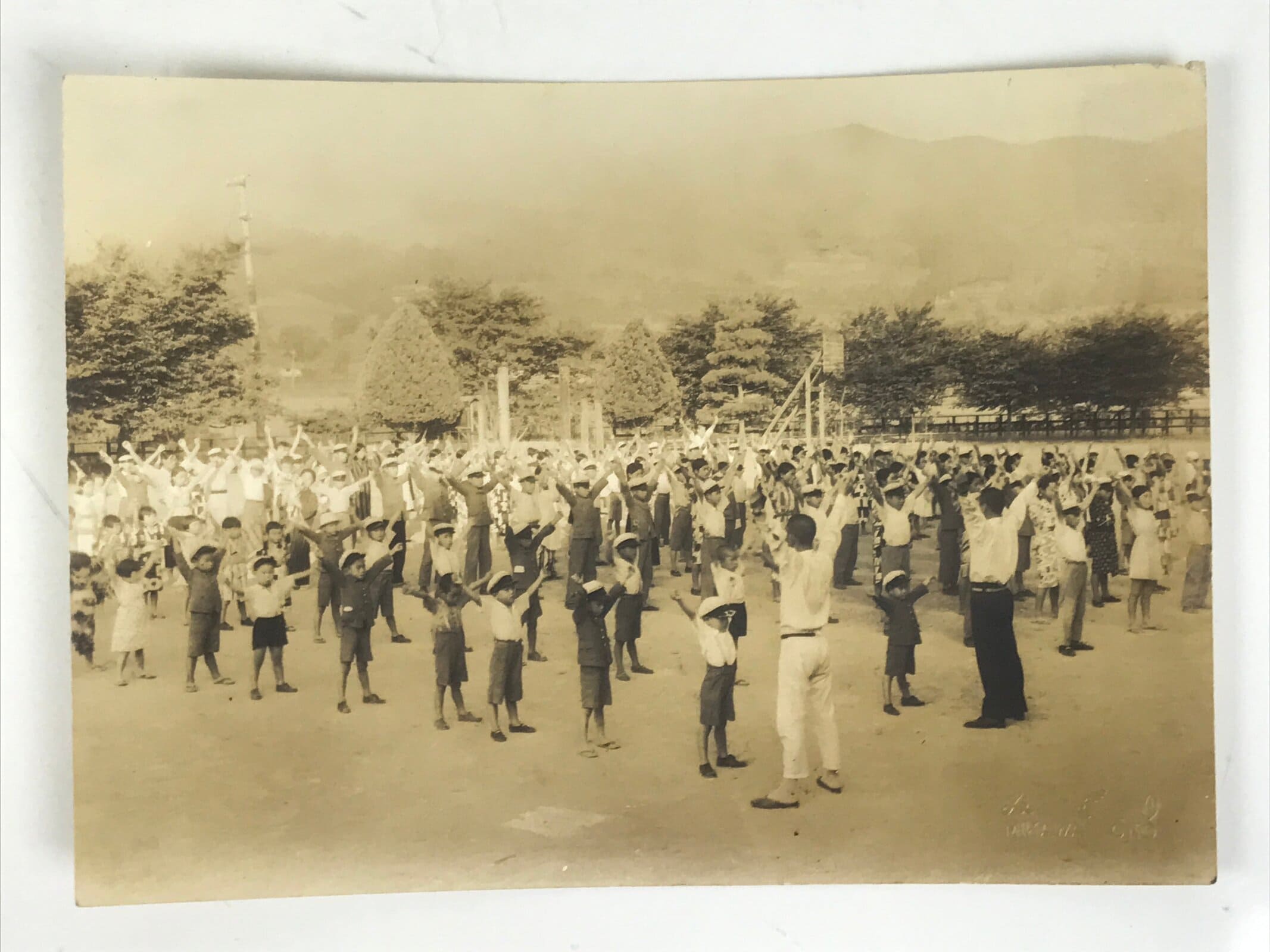 Japanese Showa School Student Group Photograph Rajio Taiso Exercise Sepia PH118