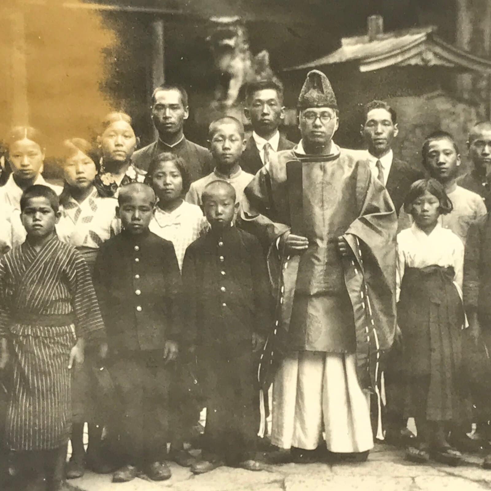 Japanese Showa Shinto Shrine Priest Photograph Children Kimono Black White PH165