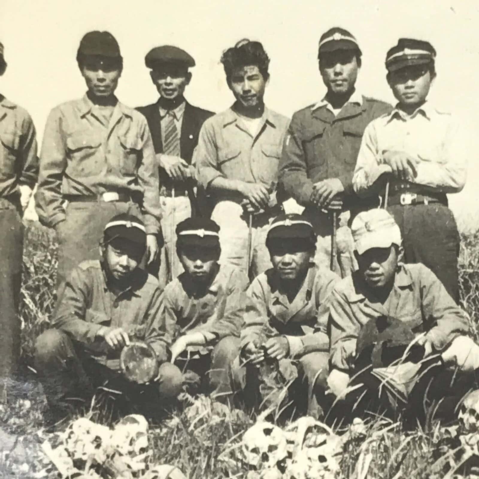 Japanese Showa Teen Boys Student Field Photograph Vtg Bones Skulls Sepia PH216