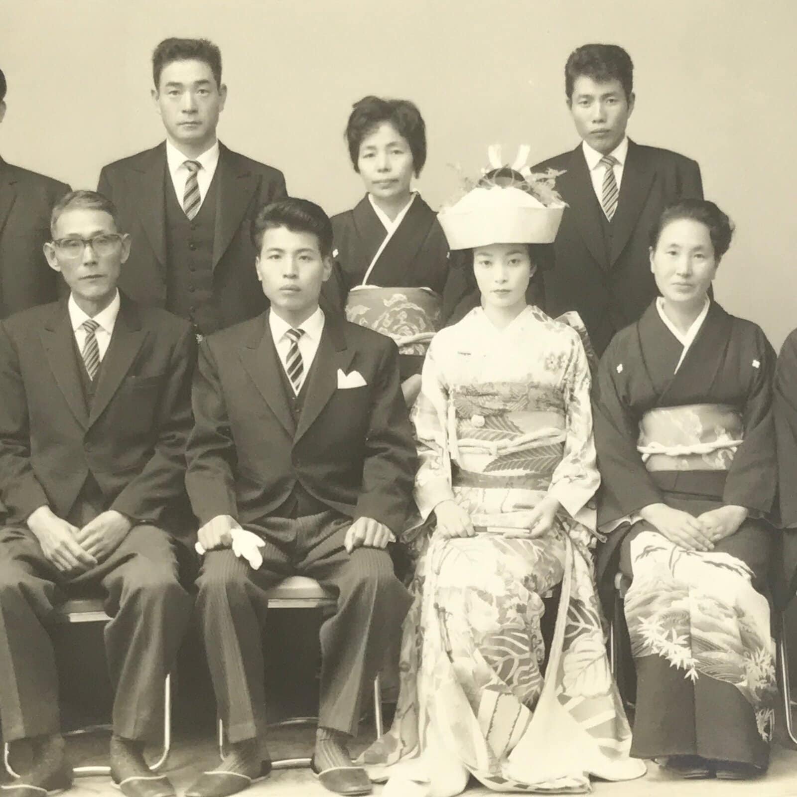 Japanese Showa Wedding Photograph Vtg Kimono Bride Groom Family Black White PH60