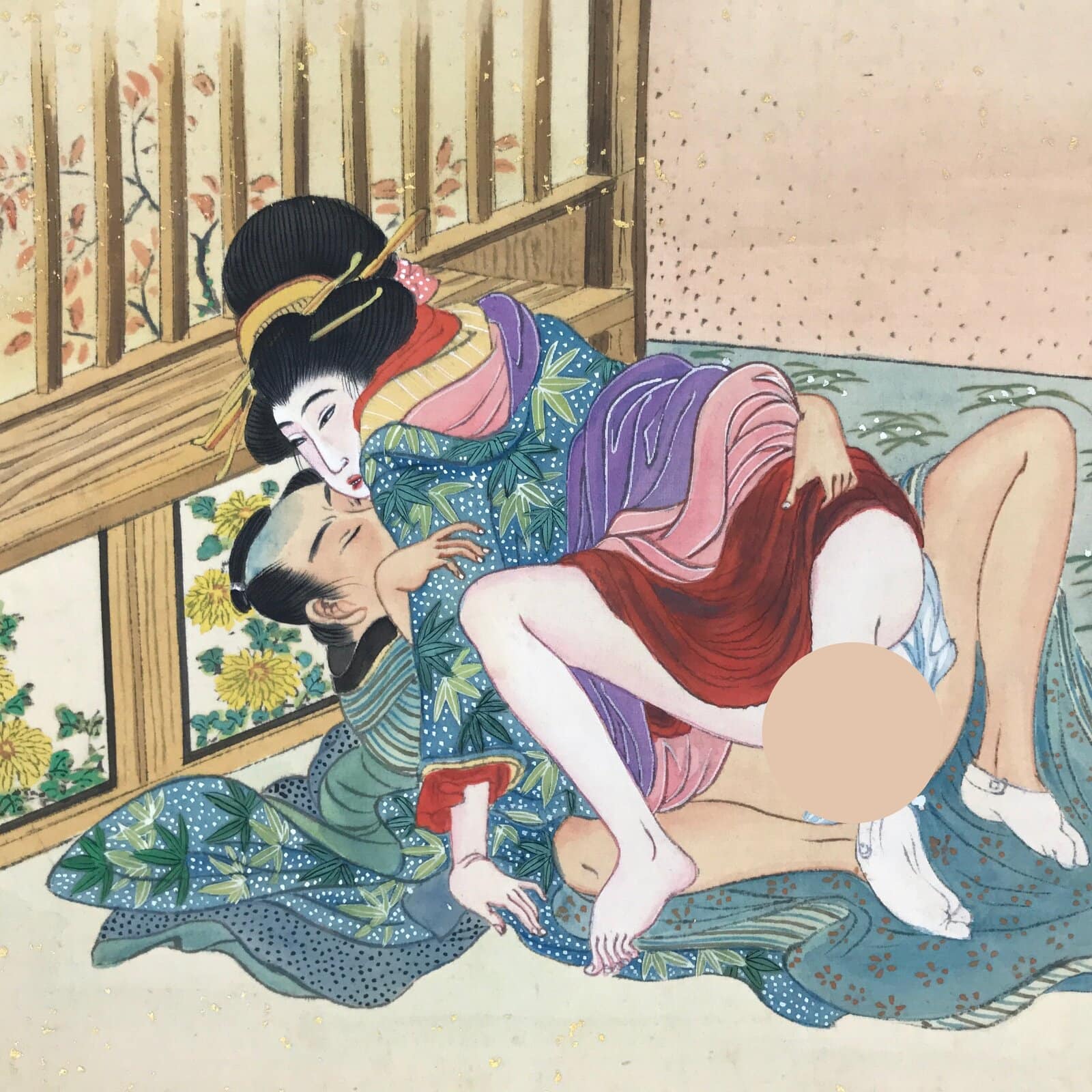 Japanese Shunga Erotic Art Vtg Handpainted Silk Kimono Fall Chrysanthemum FL502