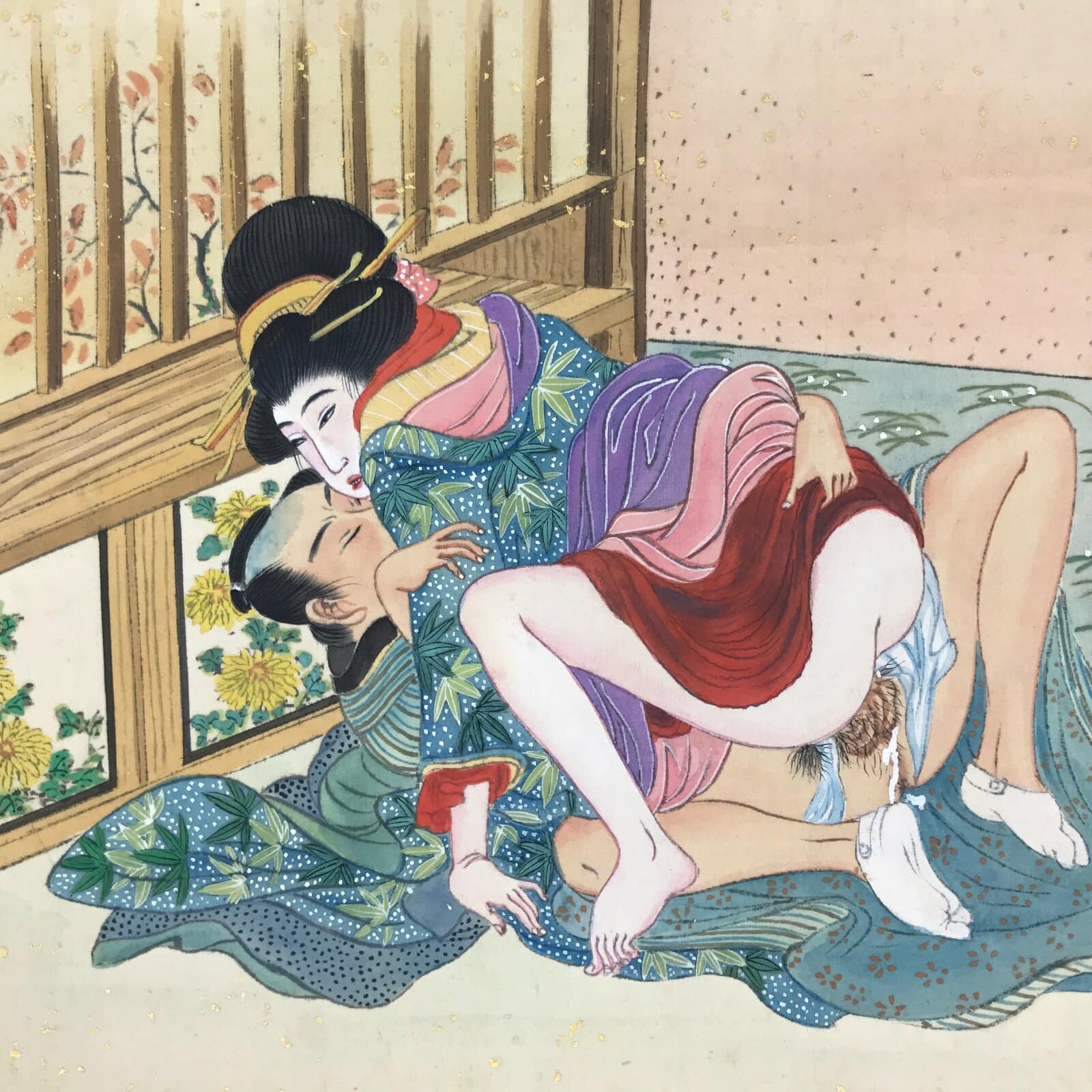 Japanese Shunga Erotic Art Vtg Handpainted Silk Kimono Fall Chrysanthemum FL502