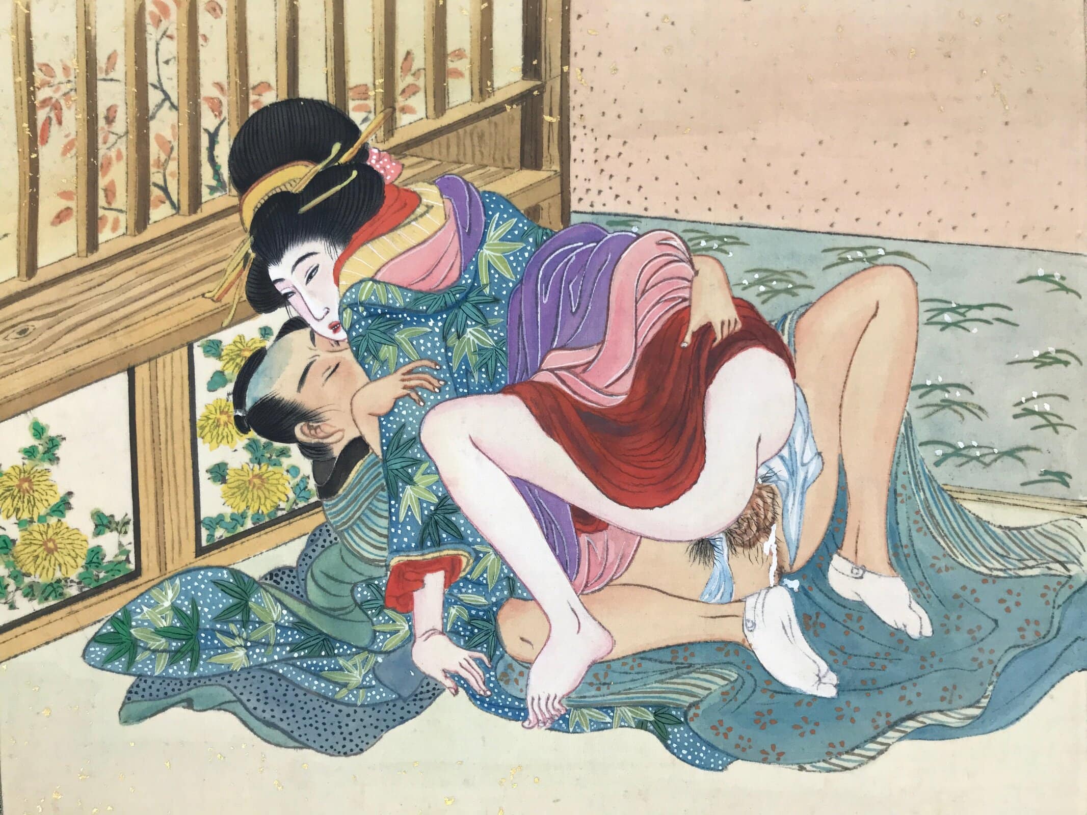 Japanese Shunga Erotic Art Vtg Handpainted Silk Kimono Fall Chrysanthemum FL502