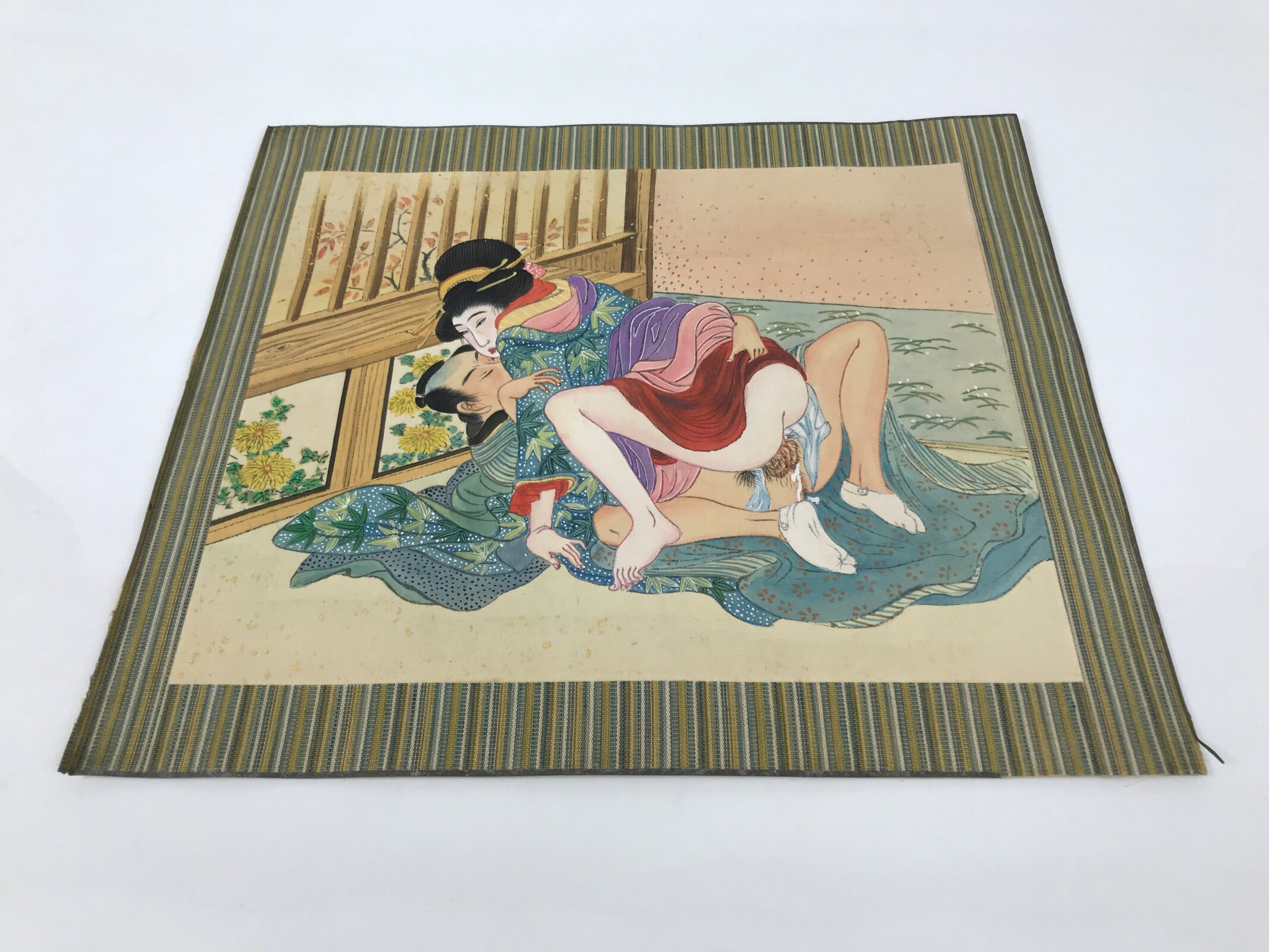 Japanese Shunga Erotic Art Vtg Handpainted Silk Kimono Fall Chrysanthemum FL502