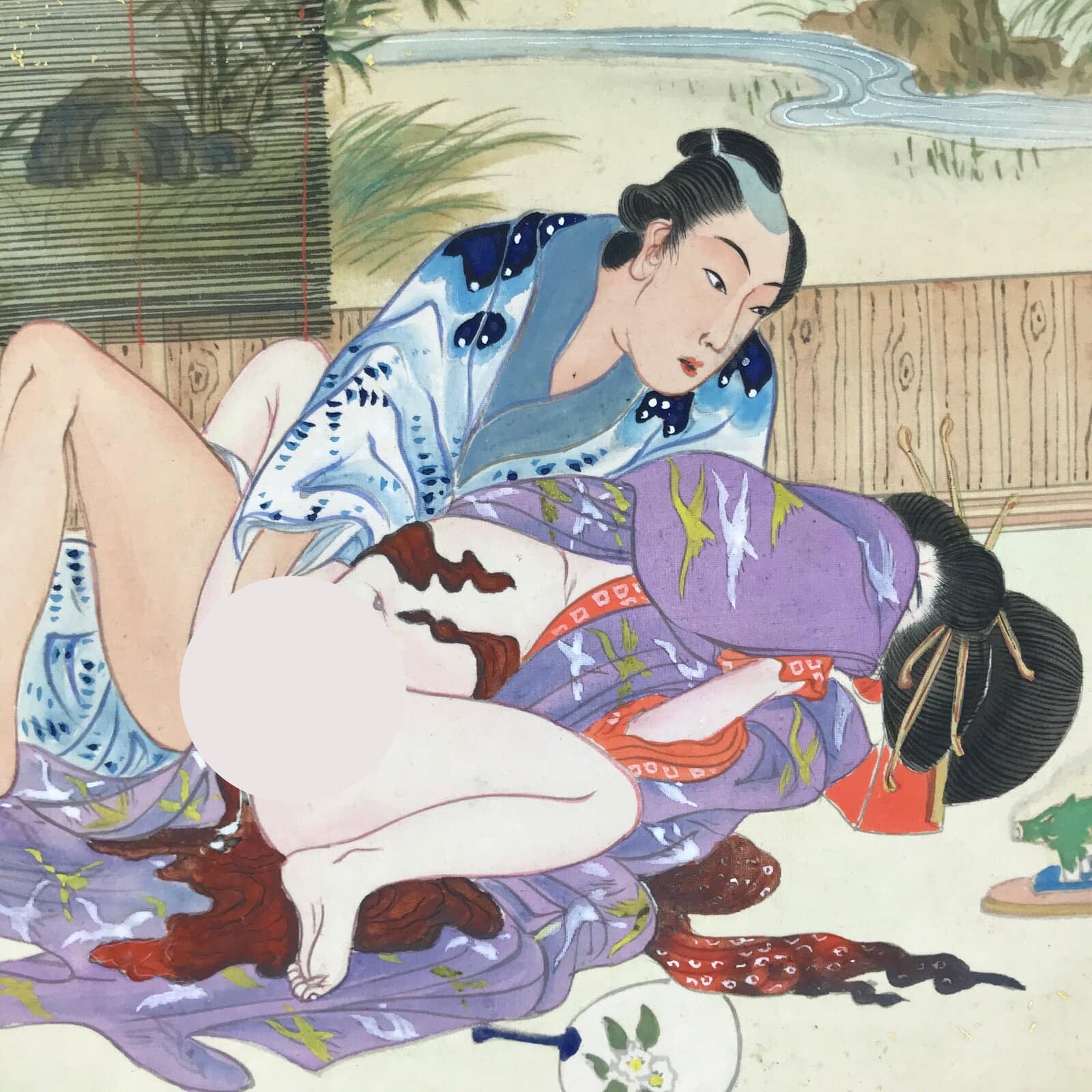 Japanese Shunga Erotic Art Vtg Handpainted Silk Kimono Garden Summer FL507