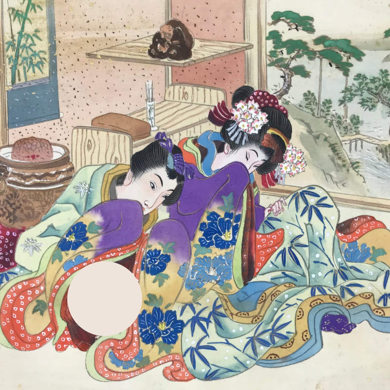 Japanese Shunga Erotic Art Vtg Handpainted Silk Kimono Indoor Garden View FL511