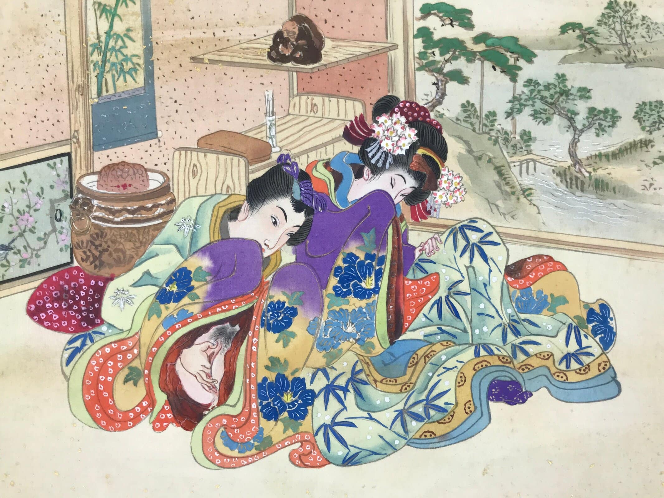 Japanese Shunga Erotic Art Vtg Handpainted Silk Kimono Indoor Garden View FL511