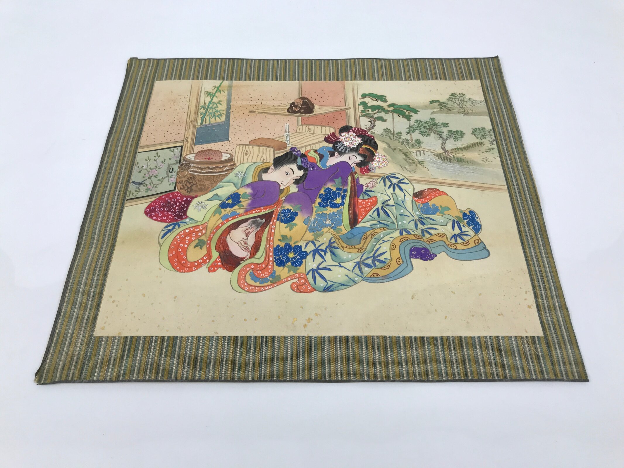 Japanese Shunga Erotic Art Vtg Handpainted Silk Kimono Indoor Garden View FL511