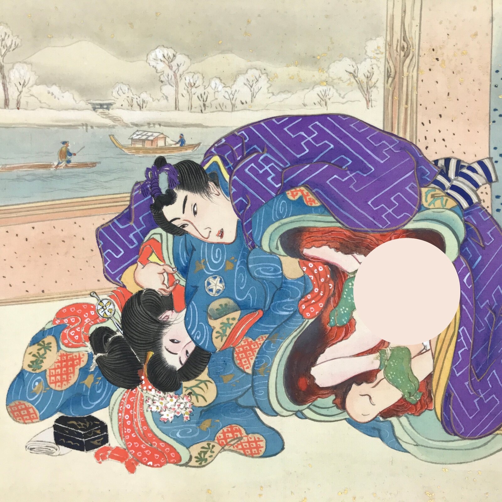 Japanese Shunga Erotic Art Vtg Handpainted Silk Kimono River Boat Winter FL501