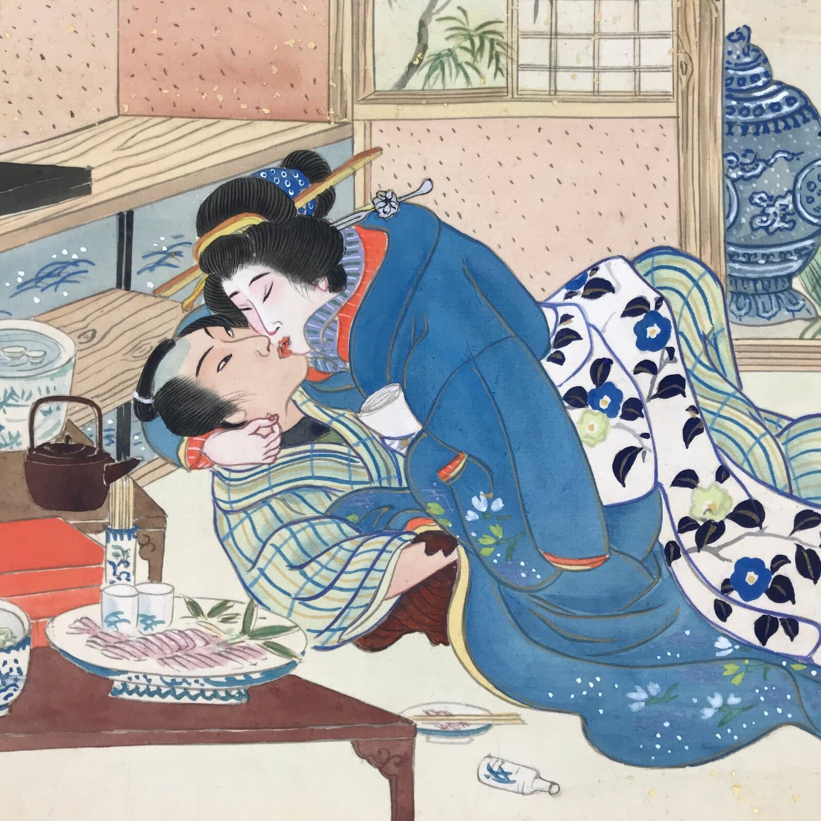 Japanese Shunga Erotic Art Vtg Handpainted Silk Kimono Sashimi Jubako FL505