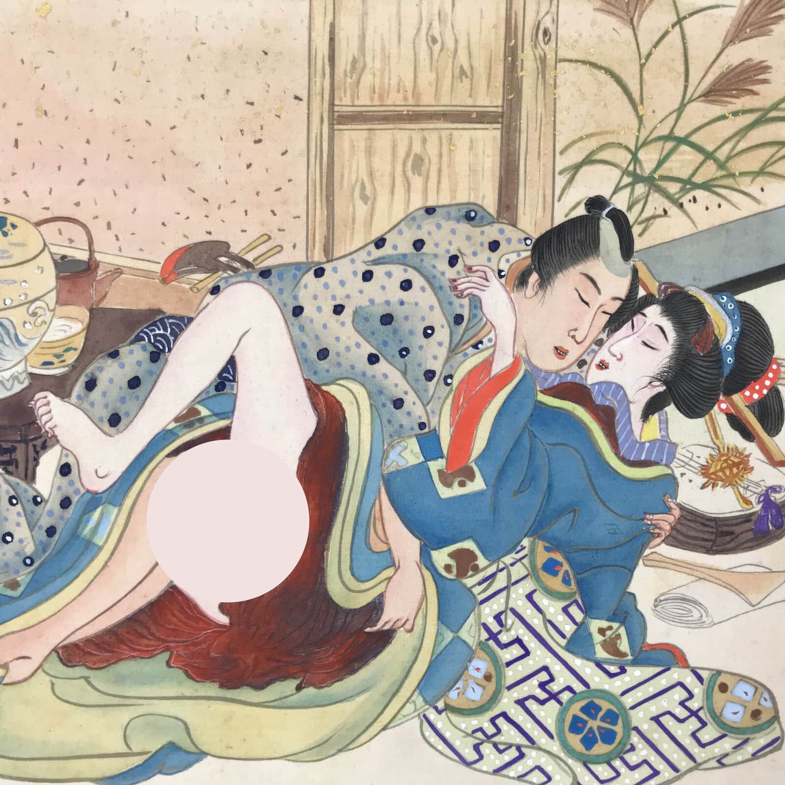 Japanese Shunga Erotic Art Vtg Handpainted Silk Kimono Tea Ceremony FL504