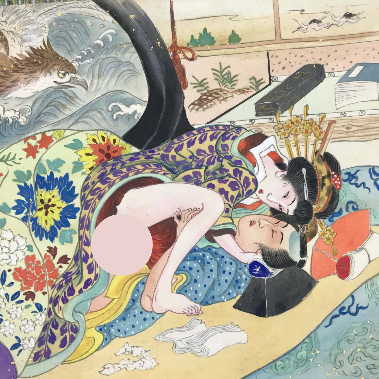 Japanese Shunga Erotic Art Vtg Handpainted Silk Kimono Waves Bird Blue FL509